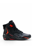 Alpinestars Faster-4 Drystar® Shoes, buty motocyklowe, czarne z akcentami Rio Red i Red Fluo, widok z boku, wysoka konstrukcja ze sznurowaniem i paskiem na kostce, sportowy styl miejski