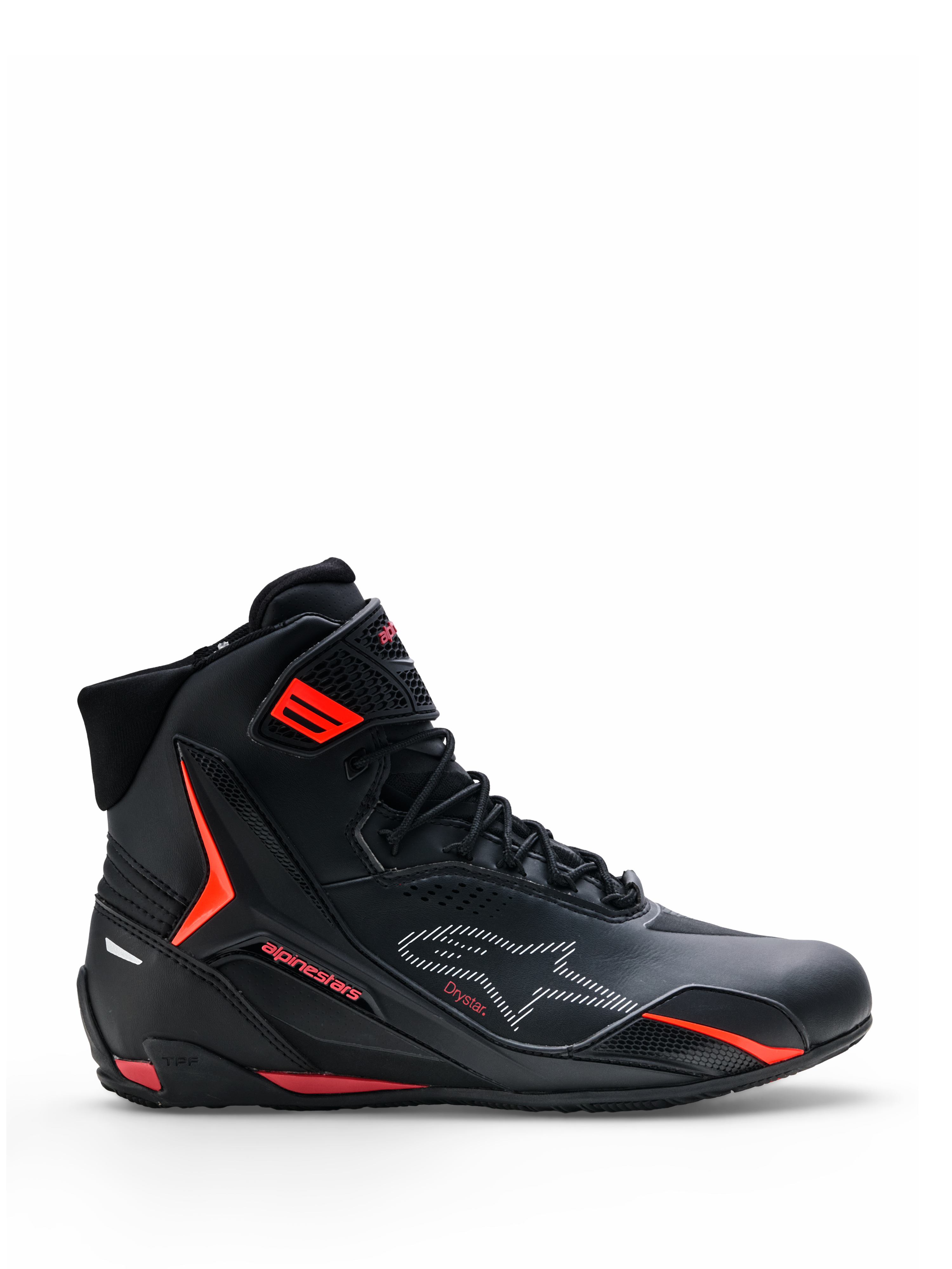 Alpinestars Faster-4 Drystar® Shoes, Motorcycle Riding Shoes, Black with Rio Red and Red Fluo accents, side profile view, high-top design with lace-up closure and ankle strap, sporty urban style