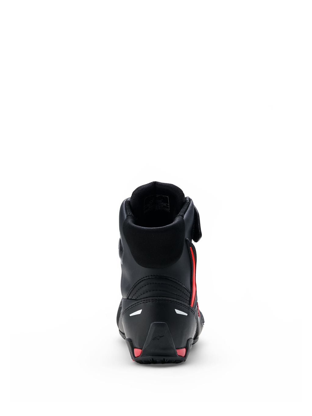Buty Alpinestars Faster-4 Drystar®, buty motocyklowe, czarne z akcentami Rio Red i Red Fluo, widok z tyłu ukazujący wzmocniony zapiętek, wysoką konstrukcję i bezszwową konstrukcję z mikrofibry
