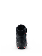 Buty Alpinestars Faster-4 Drystar®, buty motocyklowe, czarne z akcentami Rio Red i Red Fluo, widok z tyłu ukazujący wzmocniony zapiętek, wysoką konstrukcję i bezszwową konstrukcję z mikrofibry