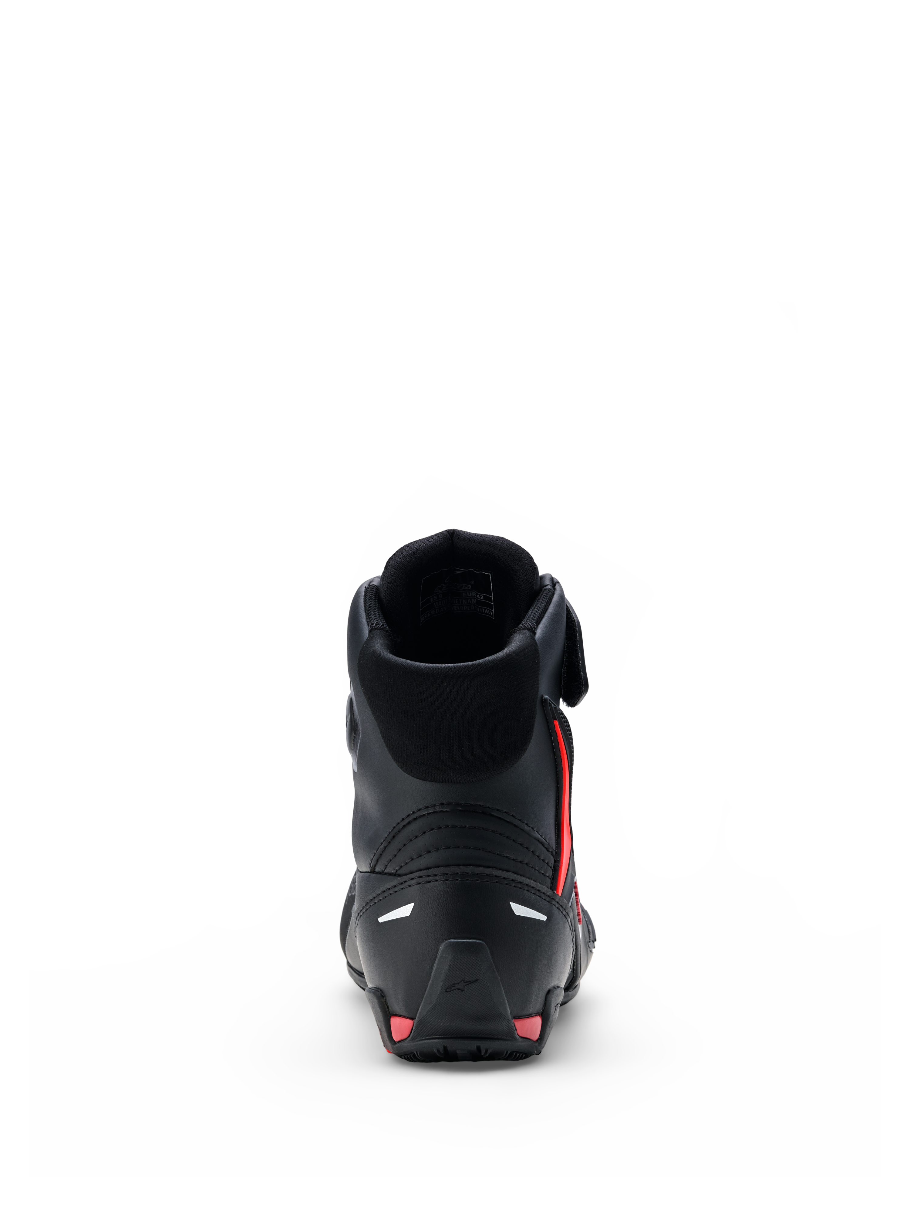 Buty Alpinestars Faster-4 Drystar®, buty motocyklowe, czarne z akcentami Rio Red i Red Fluo, widok z tyłu ukazujący wzmocniony zapiętek, wysoką konstrukcję i bezszwową konstrukcję z mikrofibry