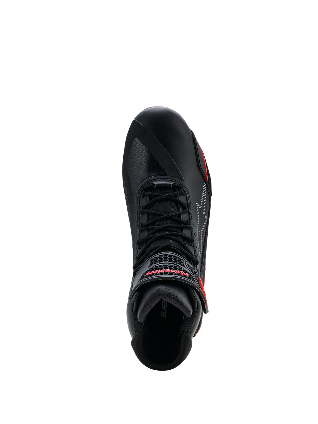 Buty Alpinestars Faster-4 Drystar®, czarne z akcentami Rio Red i Red Fluo, widok z góry ukazujący system sznurowania oraz pasek na rzep z czerwonym logo, wodoodporne obuwie motocyklowe