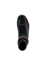 Buty Alpinestars Faster-4 Drystar®, czarne z akcentami Rio Red i Red Fluo, widok z góry ukazujący system sznurowania oraz pasek na rzep z czerwonym logo, wodoodporne obuwie motocyklowe