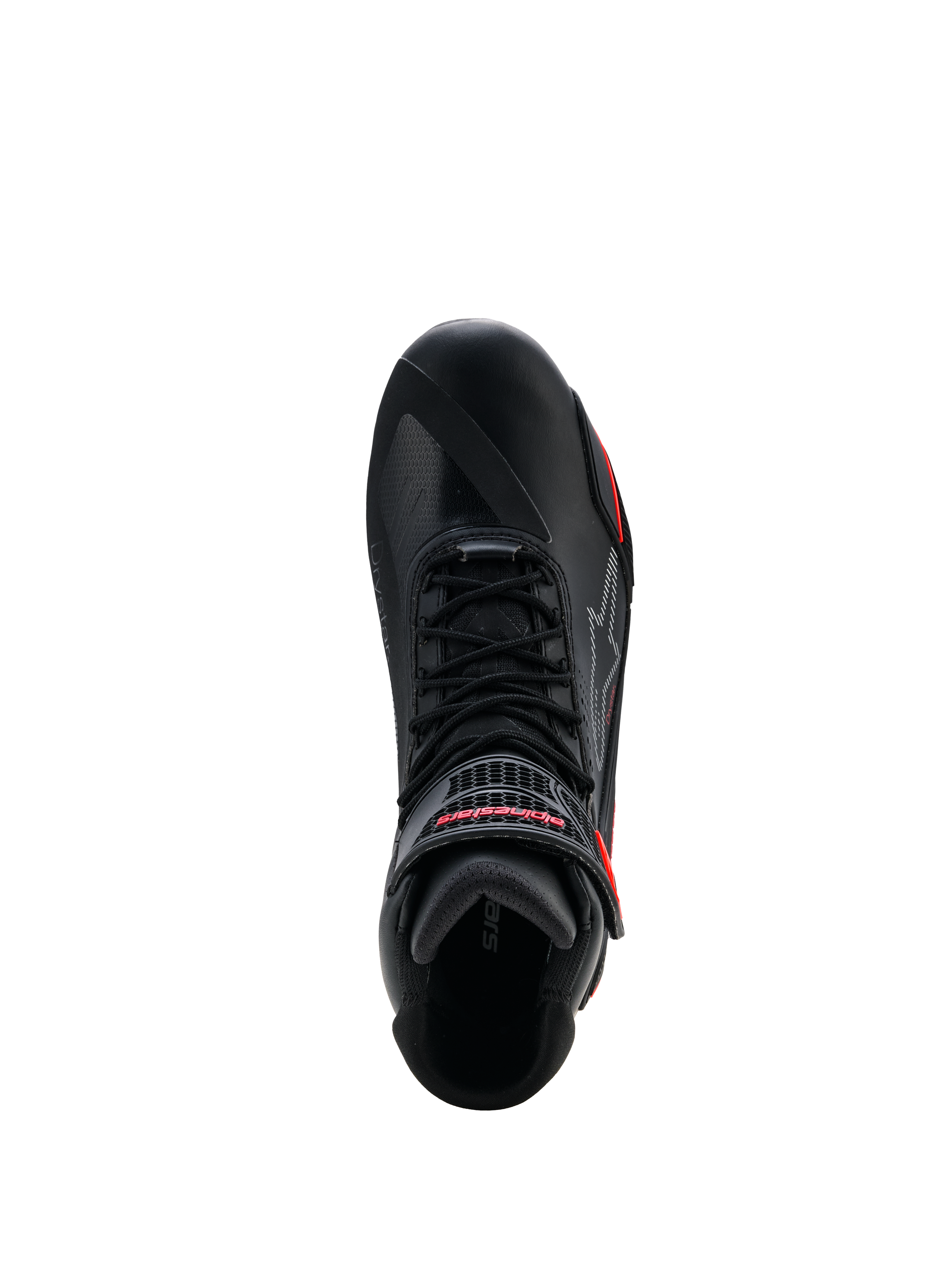 Buty Alpinestars Faster-4 Drystar®, czarne z akcentami Rio Red i Red Fluo, widok z góry ukazujący system sznurowania oraz pasek na rzep z czerwonym logo, wodoodporne obuwie motocyklowe