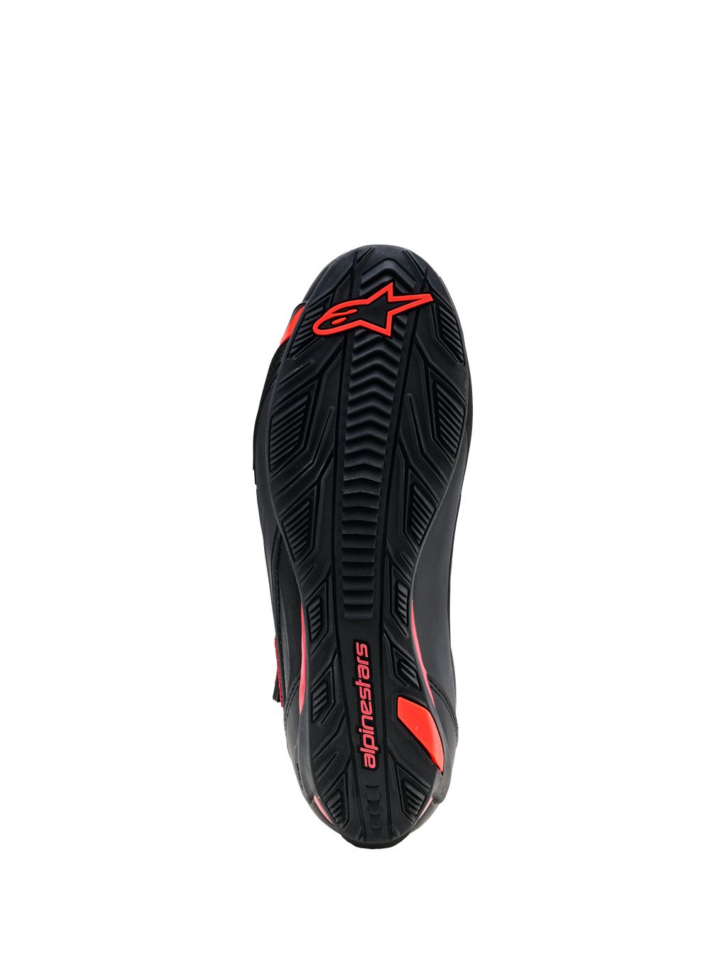 Buty Alpinestars Faster-4 Drystar®, widok podeszwy, czarne z brandingiem Red Fluo, teksturowana gumowa podeszwa z logo i logotypem Alpinestars, wytrzymałe obuwie motocyklowe
