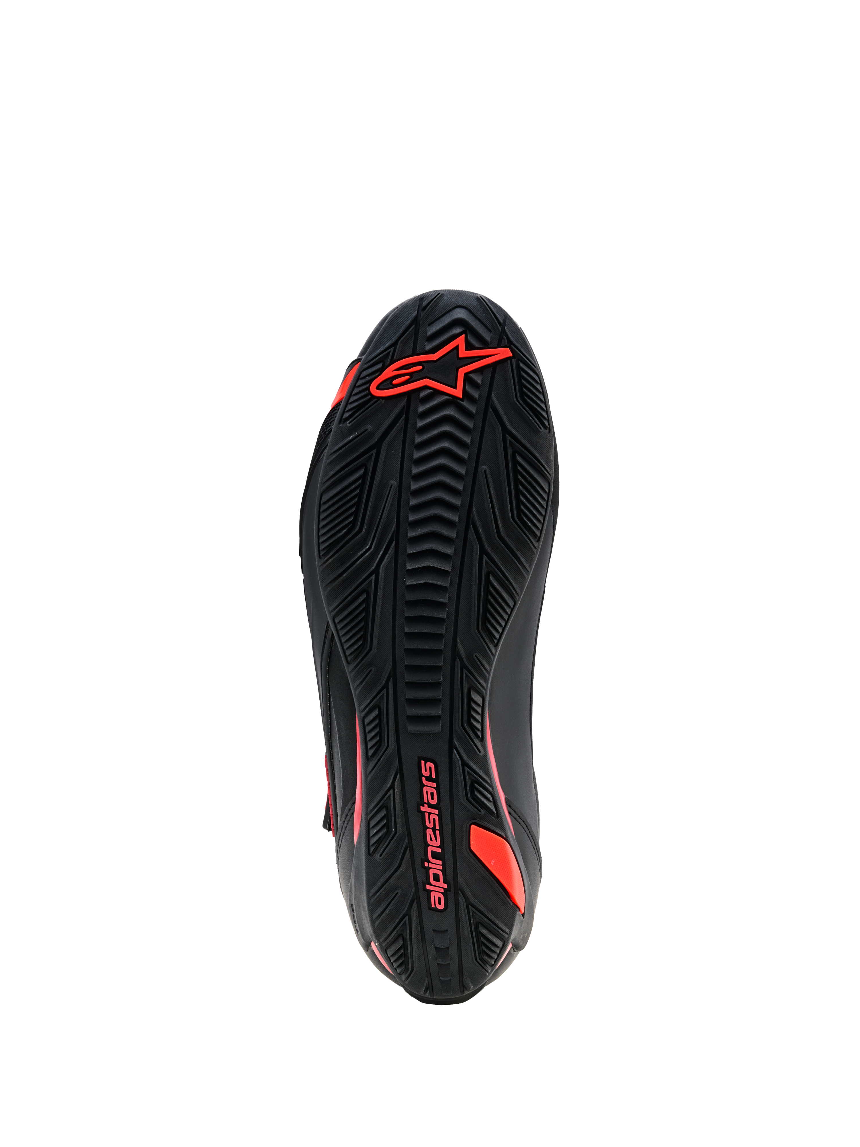 Buty Alpinestars Faster-4 Drystar®, widok podeszwy, czarne z brandingiem Red Fluo, teksturowana gumowa podeszwa z logo i logotypem Alpinestars, wytrzymałe obuwie motocyklowe