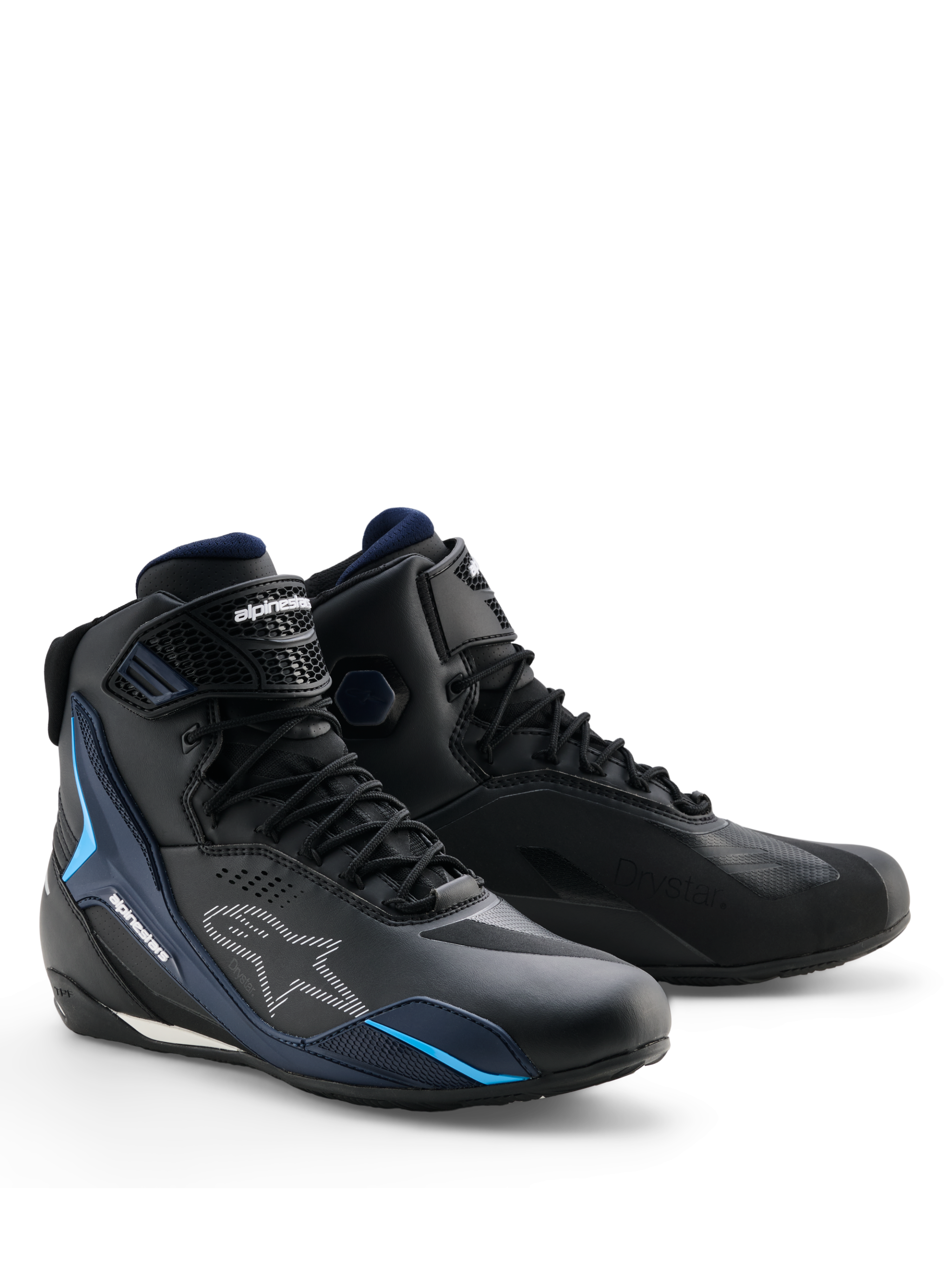 Alpinestars Faster-4 Drystar® Shoes, wodoodporne buty motocyklowe, czarne z granatowymi i błękitnymi akcentami, białe logo Alpinestars, sportowy design, zapięcie na sznurowadła i rzep