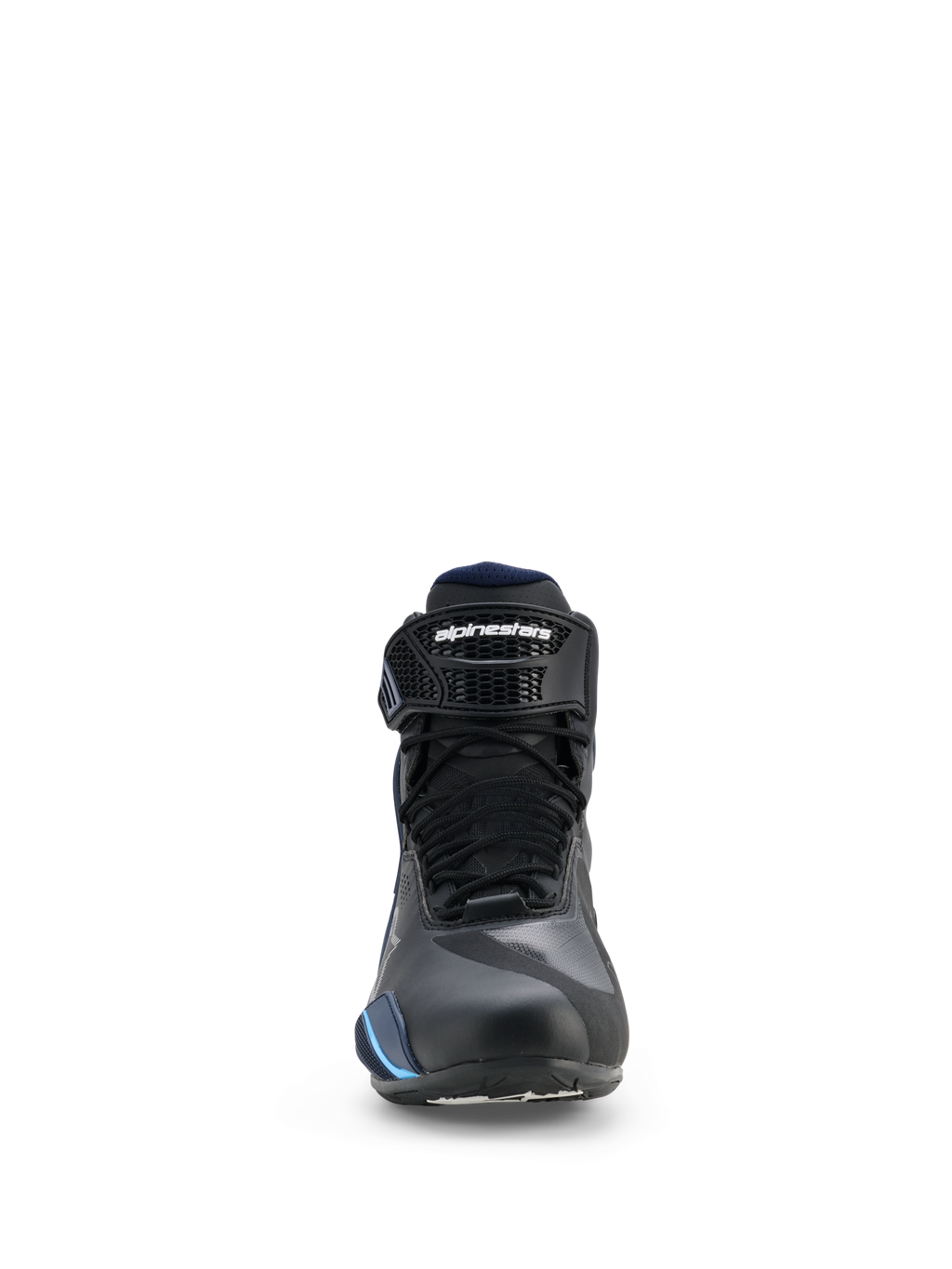 Buty Alpinestars Faster-4 Drystar®, wodoodporne buty motocyklowe, czarne z granatowymi i cyjanowymi akcentami, widok z przodu pokazujący sznurowadła i regulowany pasek na kostce z logo Alpinestars, opływowy sportowy design