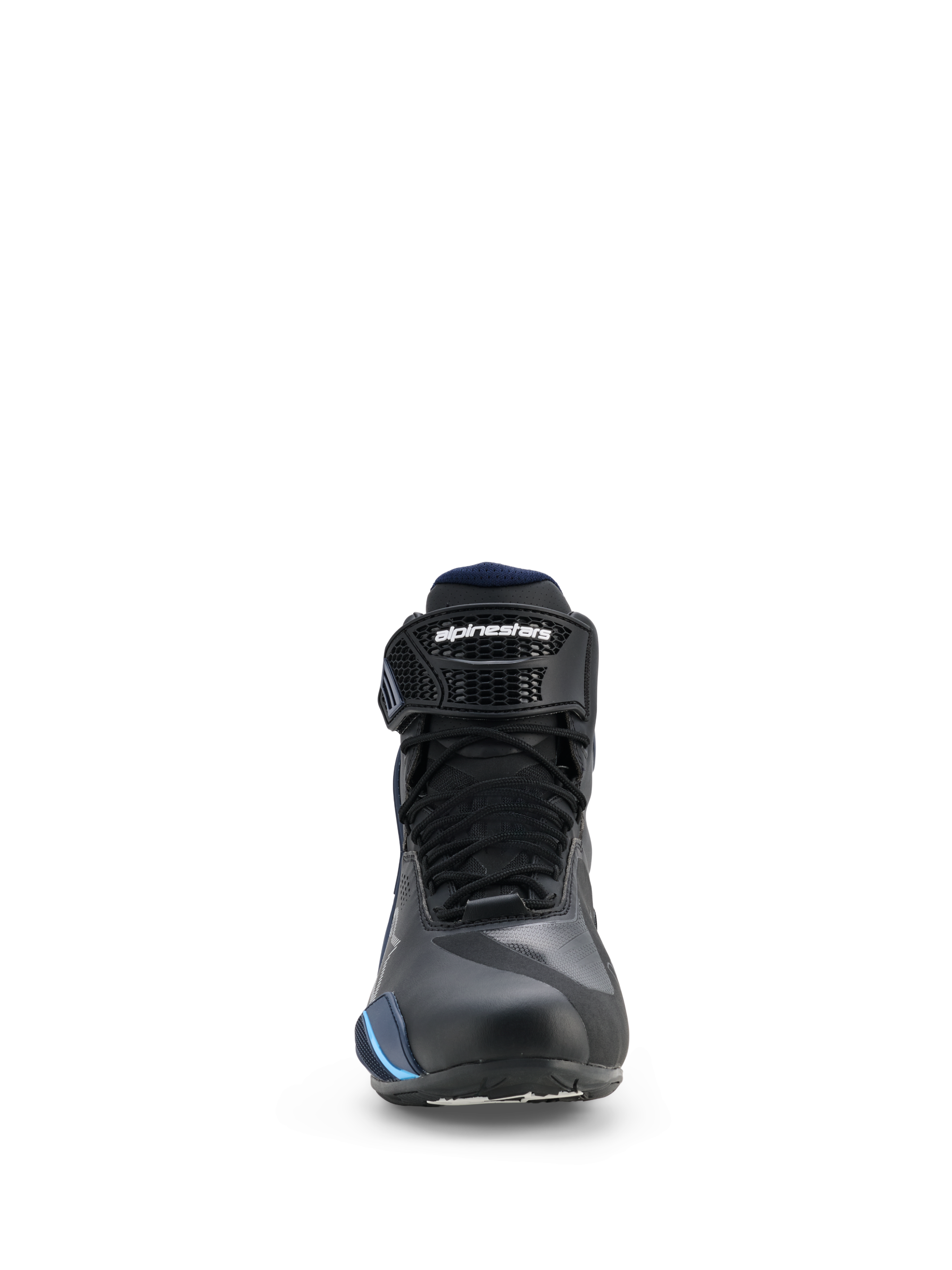 Buty Alpinestars Faster-4 Drystar®, wodoodporne buty motocyklowe, czarne z granatowymi i cyjanowymi akcentami, widok z przodu pokazujący sznurowadła i regulowany pasek na kostce z logo Alpinestars, opływowy sportowy design