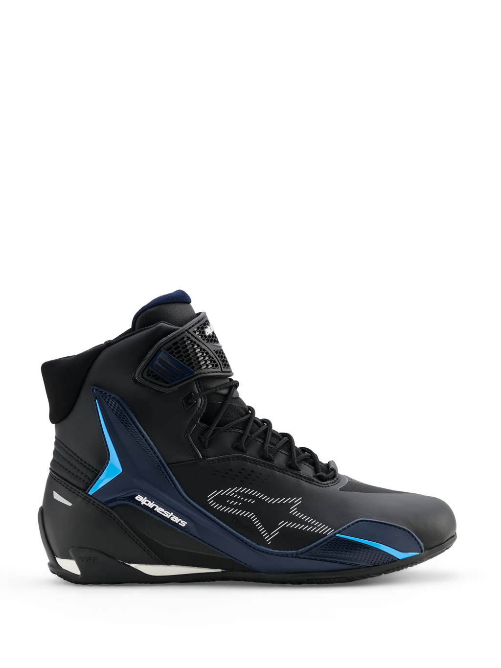 Alpinestars Faster-4 Drystar Shoes, buty motocyklowe, kolor Black Night Navy Cyan, widok z boku prezentujący wysoki fason sneakerów, cyjanowe panele wspierające TPU, białe przerywane logo Alpinestars, sznurowanie z teksturowanym paskiem na kostce