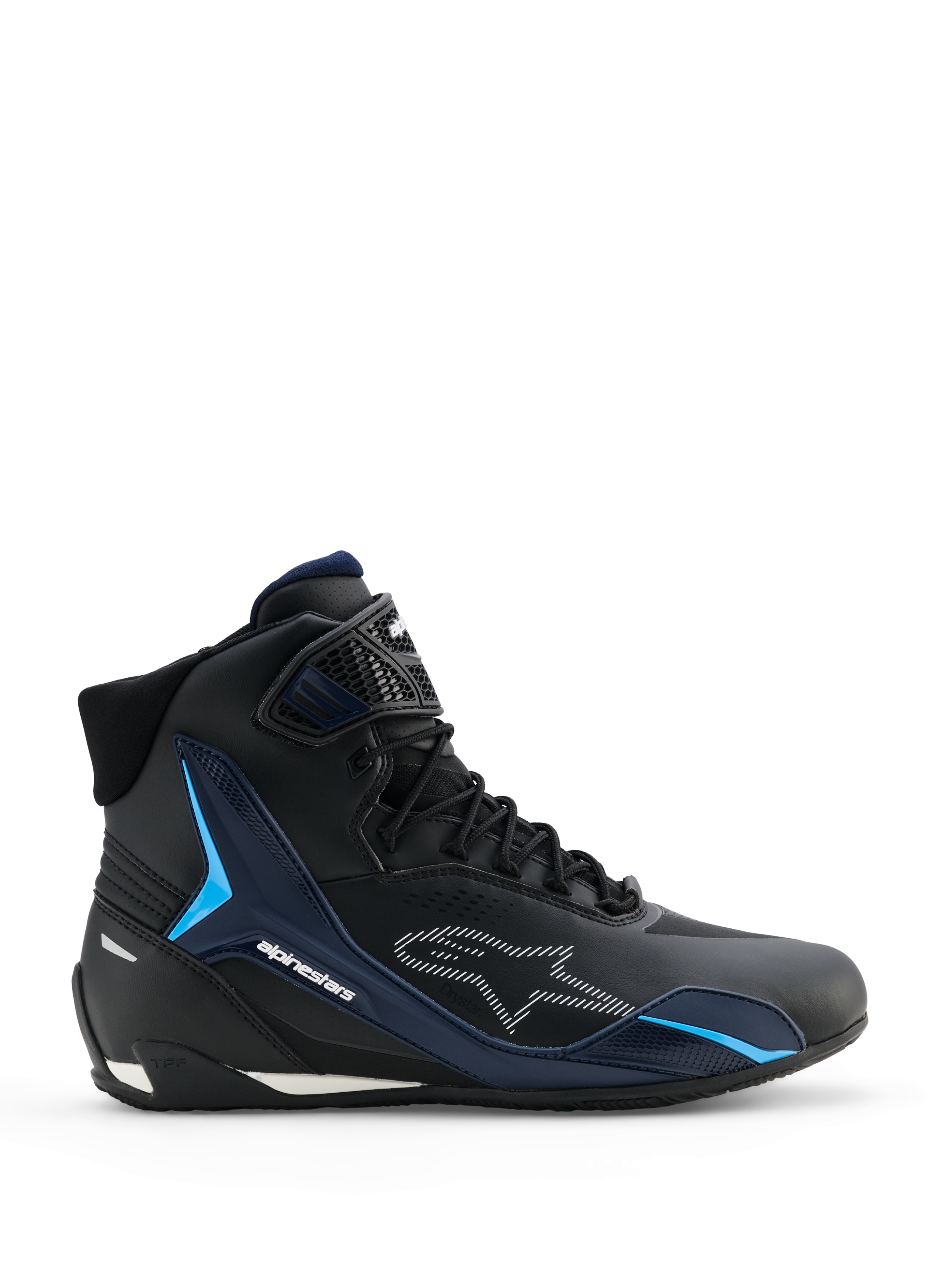 Alpinestars Faster-4 Drystar Shoes, buty motocyklowe, kolor Black Night Navy Cyan, widok z boku prezentujący wysoki fason sneakerów, cyjanowe panele wspierające TPU, białe przerywane logo Alpinestars, sznurowanie z teksturowanym paskiem na kostce