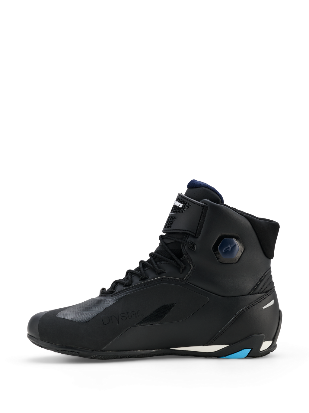 Buty Alpinestars Faster-4 Drystar®, czarne z akcentami Night Navy i Cyan, widok z profilu, wysokie buty motocyklowe, wyposażone w sznurowane zapięcie, pasek na rzep na kostce i ochronną wzmocnioną podeszwę