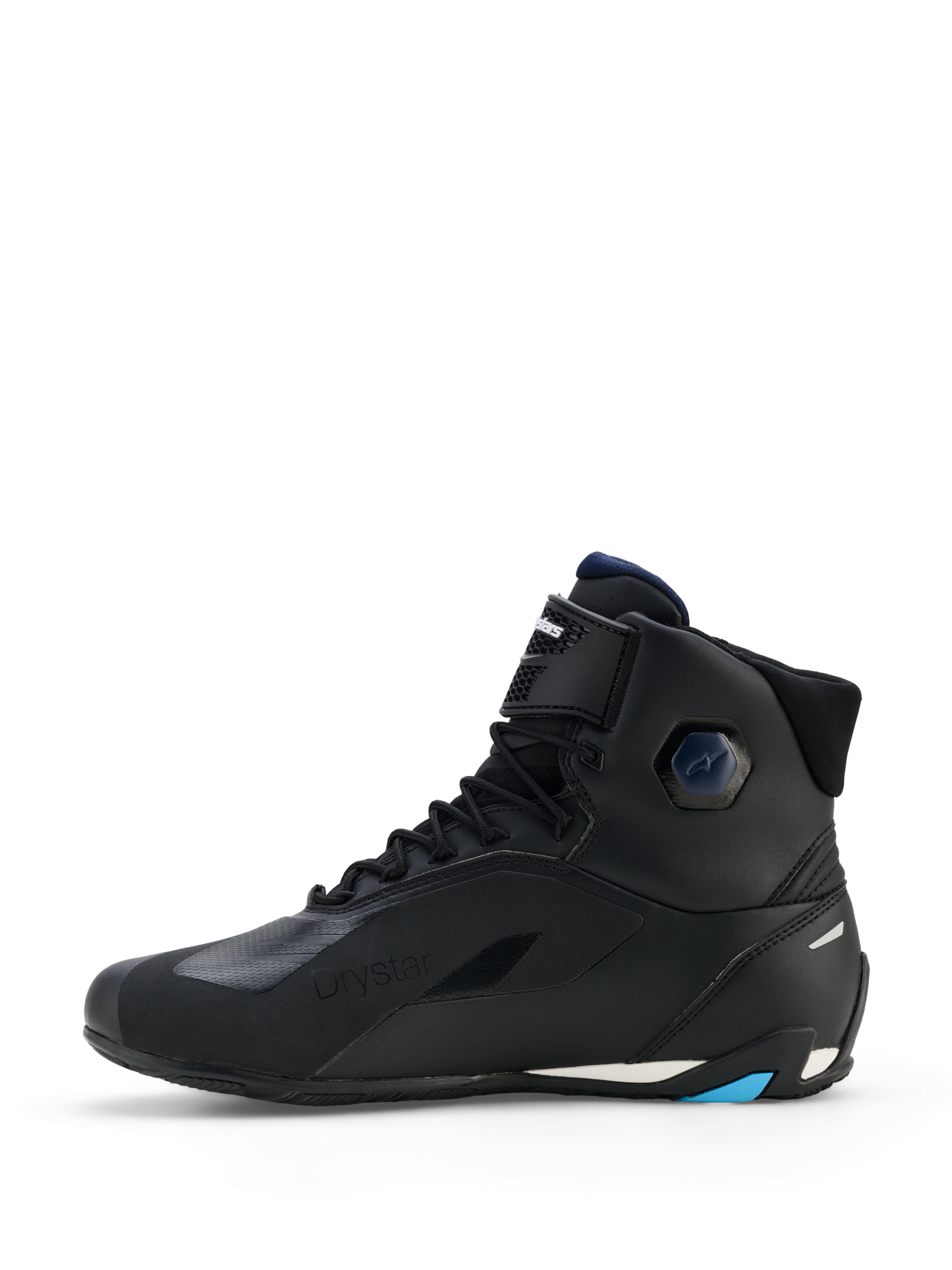 Buty Alpinestars Faster-4 Drystar®, czarne z akcentami Night Navy i Cyan, widok z profilu, wysokie buty motocyklowe, wyposażone w sznurowane zapięcie, pasek na rzep na kostce i ochronną wzmocnioną podeszwę