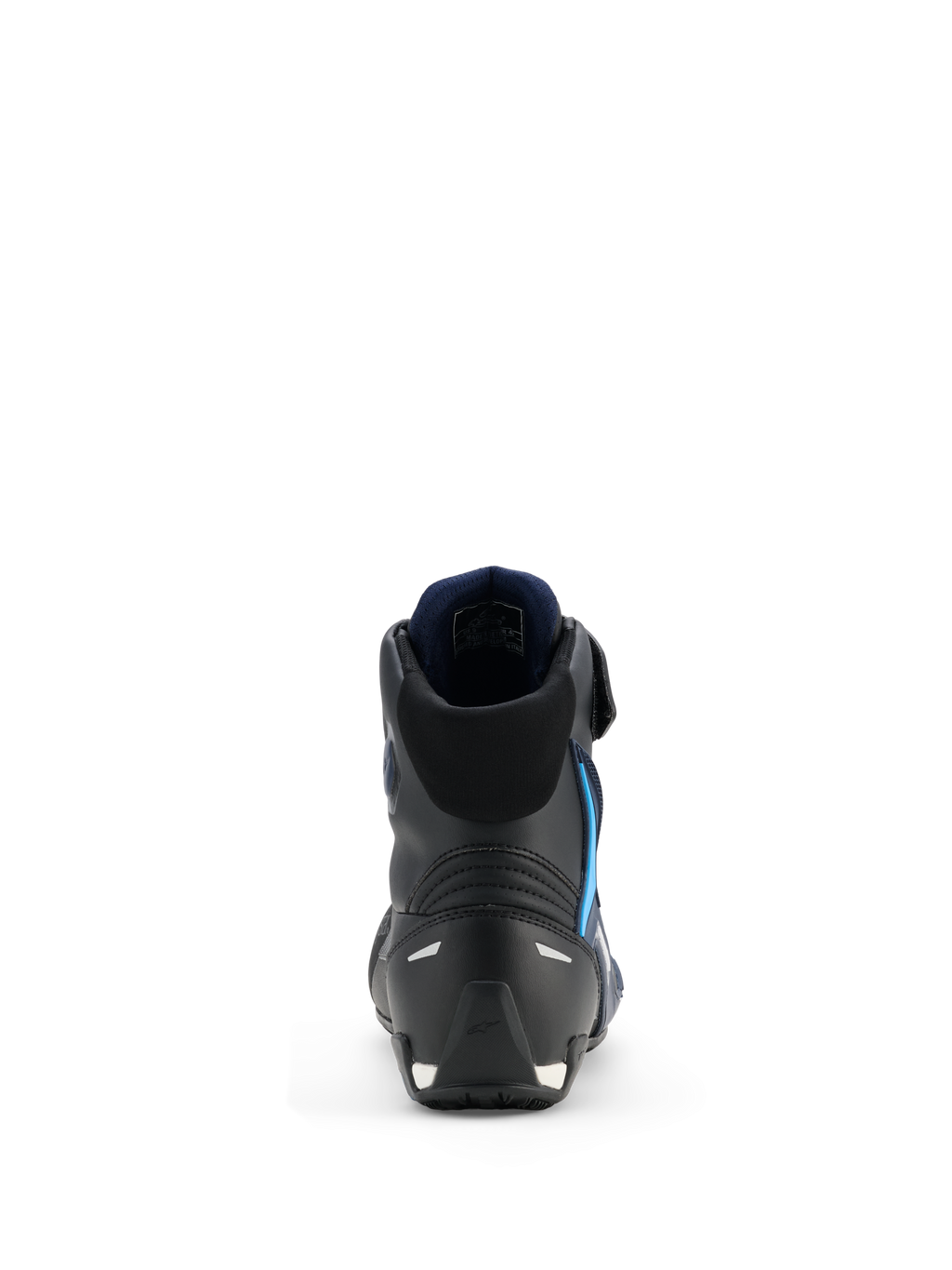 Buty Alpinestars Faster-4 Drystar®, buty motocyklowe, Black Night Navy Cyan, widok od tyłu podkreślający wzmocnioną konstrukcję pięty i kostki, granatowa wyściółka wewnętrzna, elementy odblaskowe, smukły sportowy design do jazdy szosowej