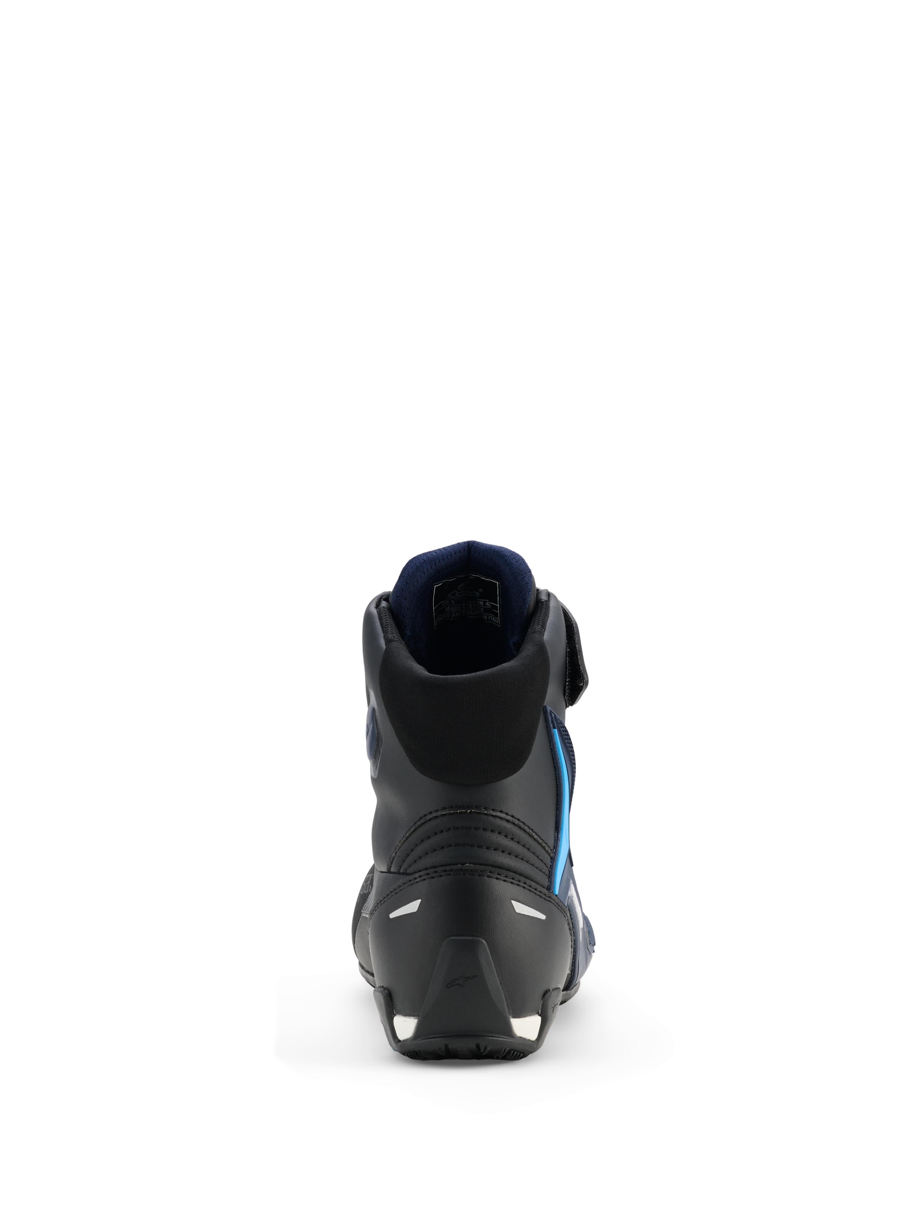 Buty Alpinestars Faster-4 Drystar®, buty motocyklowe, Black Night Navy Cyan, widok od tyłu podkreślający wzmocnioną konstrukcję pięty i kostki, granatowa wyściółka wewnętrzna, elementy odblaskowe, smukły sportowy design do jazdy szosowej