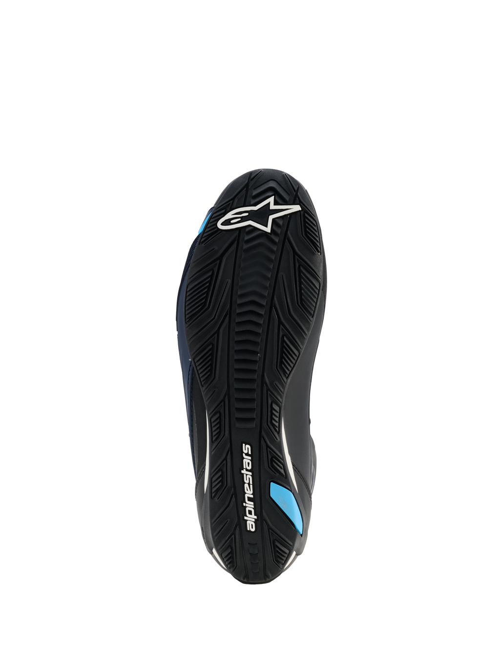 Buty Alpinestars Faster-4 Drystar®, widok podeszwy, kolor Black Night Navy Cyan, ze wzmocnioną gumową podeszwą zewnętrzną o teksturowanej przyczepności, białym logo Alpinestars i błękitnymi akcentami, zaprojektowane dla stabilności podczas jazdy motocyklem