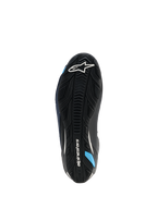 Buty Alpinestars Faster-4 Drystar®, widok podeszwy, kolor Black Night Navy Cyan, ze wzmocnioną gumową podeszwą zewnętrzną o teksturowanej przyczepności, białym logo Alpinestars i błękitnymi akcentami, zaprojektowane dla stabilności podczas jazdy motocyklem