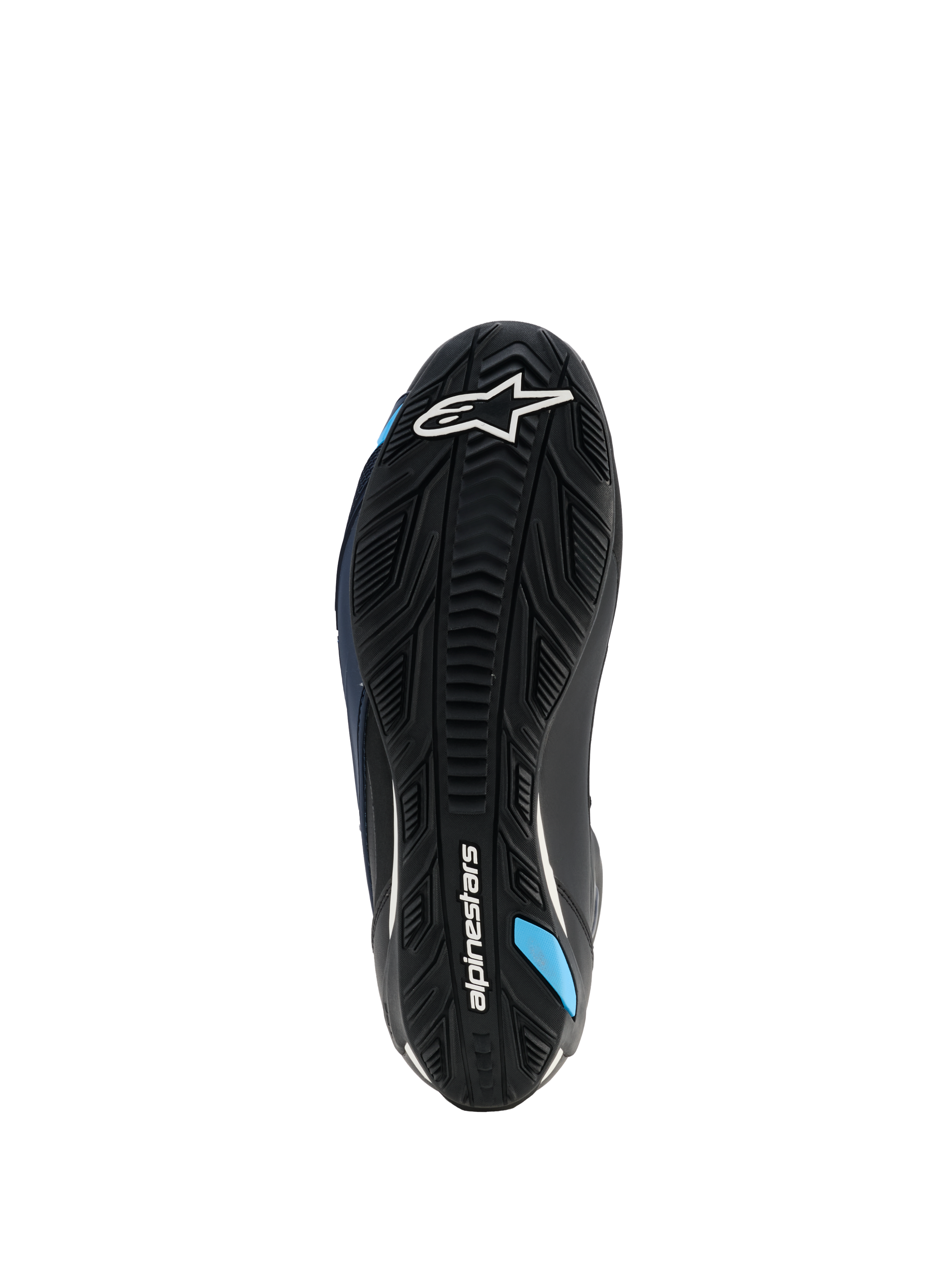 Buty Alpinestars Faster-4 Drystar®, widok podeszwy, kolor Black Night Navy Cyan, ze wzmocnioną gumową podeszwą zewnętrzną o teksturowanej przyczepności, białym logo Alpinestars i błękitnymi akcentami, zaprojektowane dla stabilności podczas jazdy motocyklem