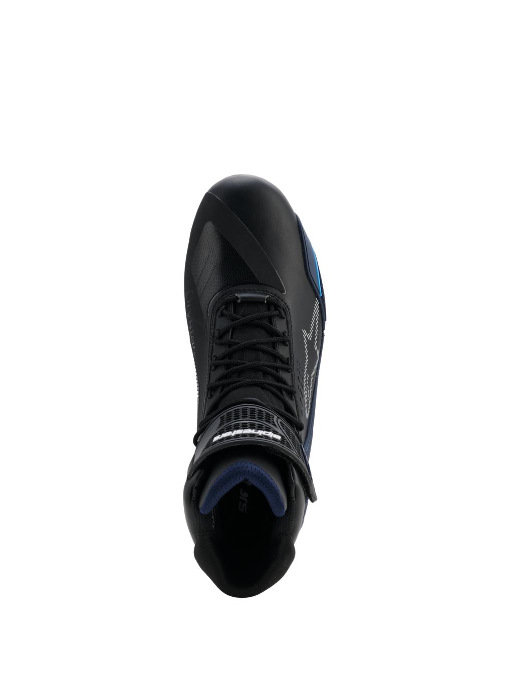 Alpinestars Faster-4 Drystar® Shoes, widok z góry na czarny but motocyklowy, akcenty Black Night Navy Cyan, zapięcie na sznurowadła i rzep, wodoodporna konstrukcja z mikrofibry, sportowe obuwie szosowe