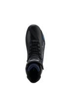 Alpinestars Faster-4 Drystar® Shoes, widok z góry na czarny but motocyklowy, akcenty Black Night Navy Cyan, zapięcie na sznurowadła i rzep, wodoodporna konstrukcja z mikrofibry, sportowe obuwie szosowe