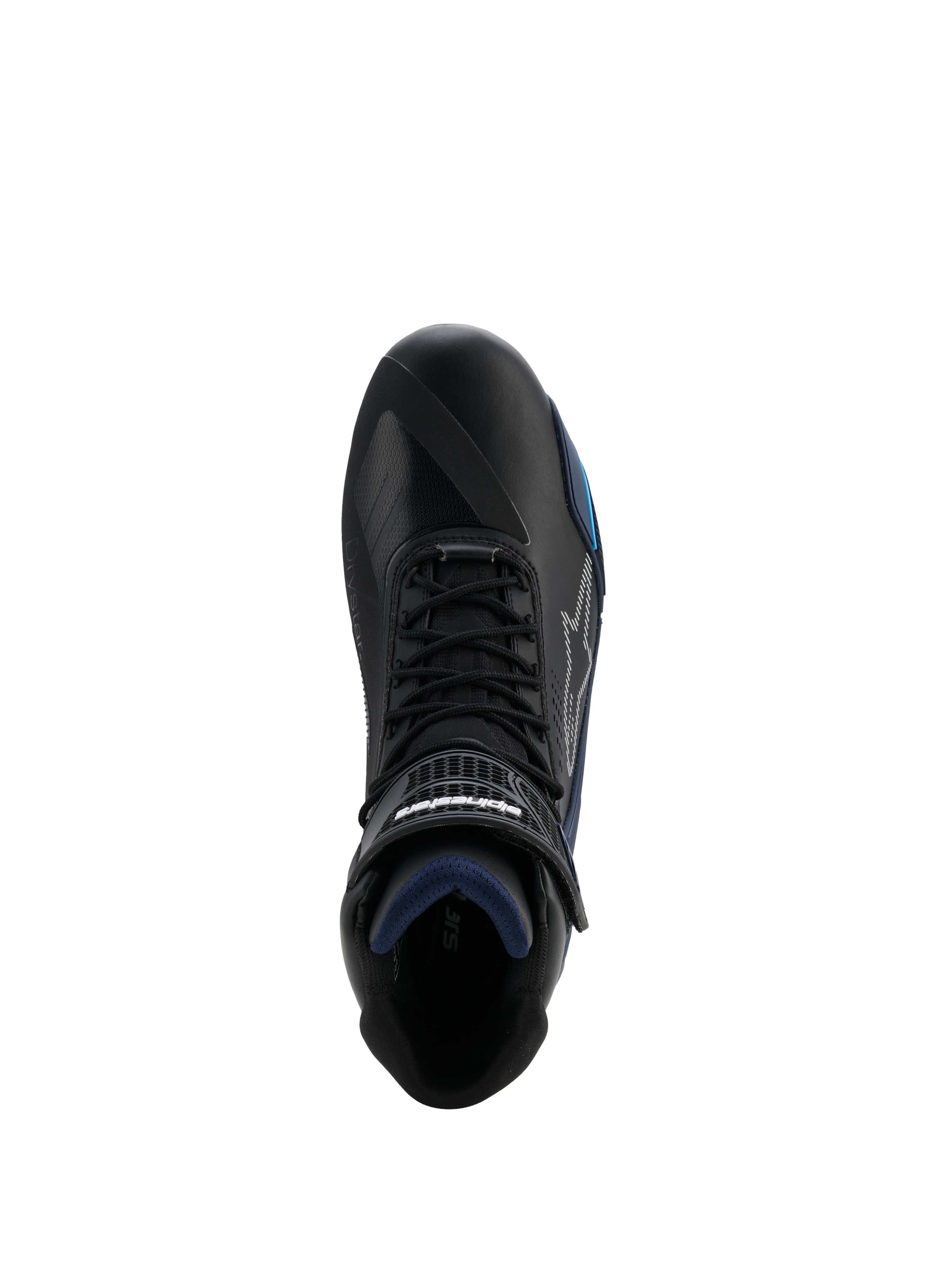 Alpinestars Faster-4 Drystar® Shoes, widok z góry na czarny but motocyklowy, akcenty Black Night Navy Cyan, zapięcie na sznurowadła i rzep, wodoodporna konstrukcja z mikrofibry, sportowe obuwie szosowe