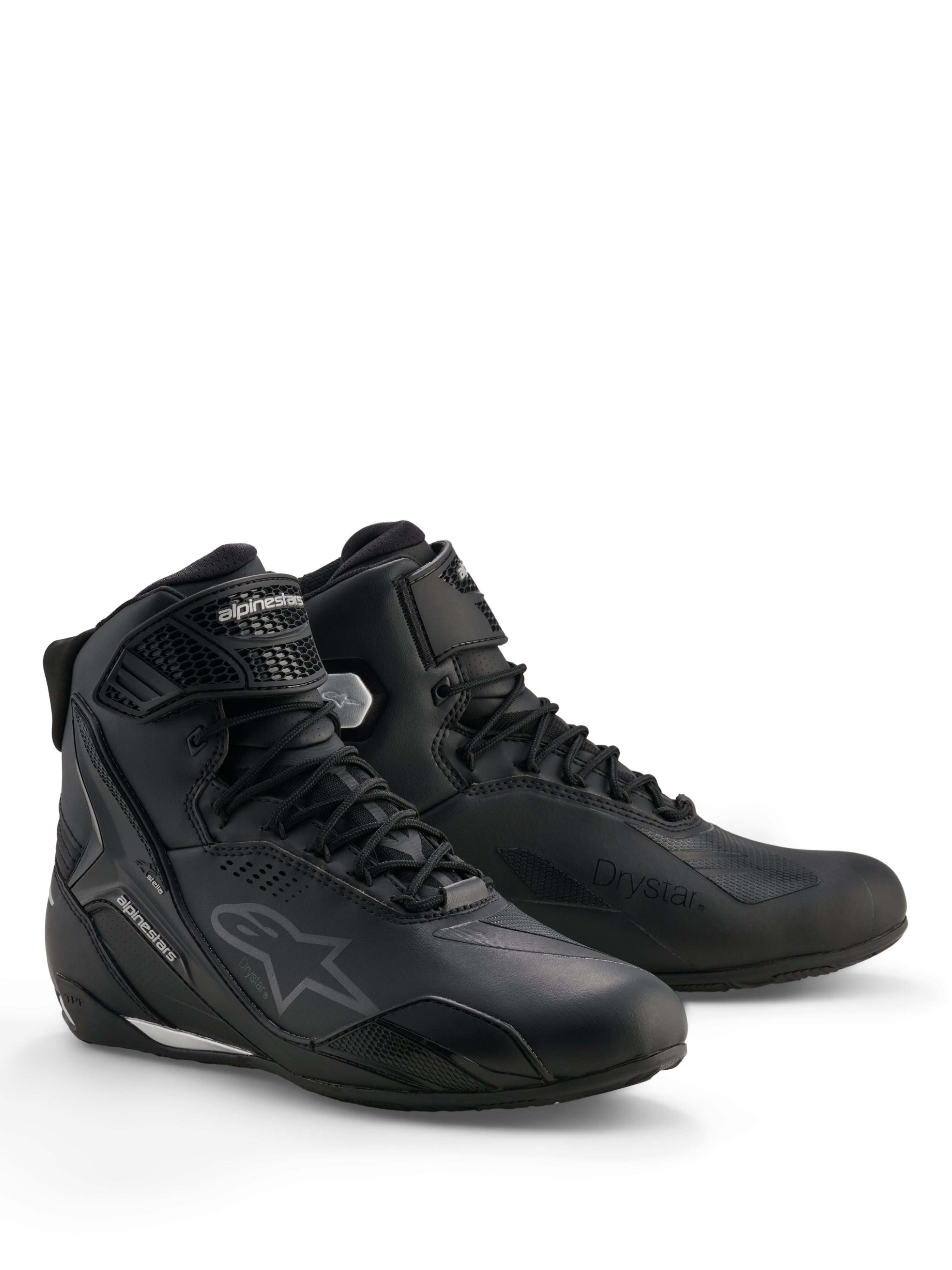 Buty Alpinestars Stella Faster-4 Drystar®, damskie wodoodporne buty motocyklowe, czarno-srebrne, cholewka z mikrofibry ze sznurowaniem i paskiem na kostkę, ochronne wzmocnienia TPU i branding Alpinestars.
