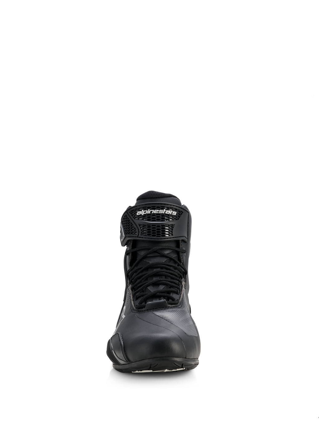 Alpinestars Stella Faster-4 Drystar® Shoes, damskie buty motocyklowe, czarne ze srebrnymi akcentami, widok z przodu ukazujący sznurowanie i markowy pasek na rzep na kostce, smukły wodoodporny design do jazdy sportowej i szosowej