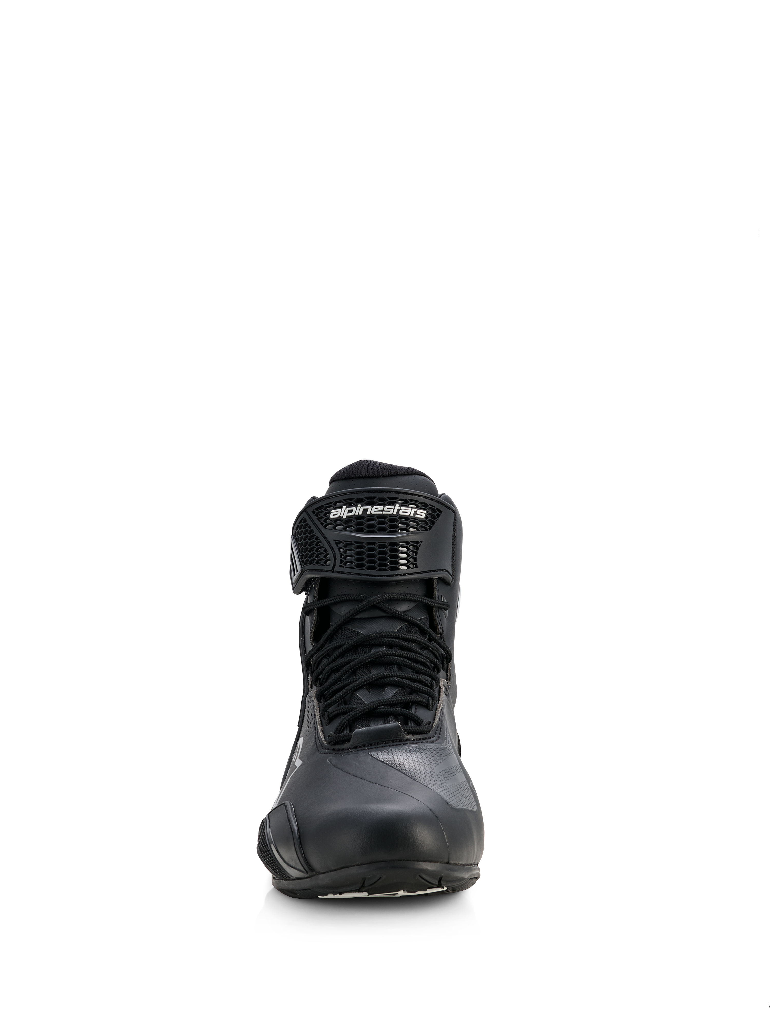 Alpinestars Stella Faster-4 Drystar® Shoes, damskie buty motocyklowe, czarne ze srebrnymi akcentami, widok z przodu ukazujący sznurowanie i markowy pasek na rzep na kostce, smukły wodoodporny design do jazdy sportowej i szosowej