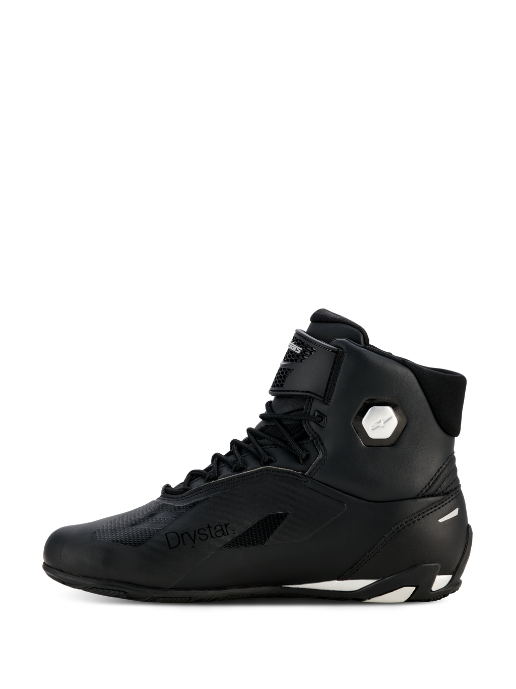Buty motocyklowe damskie Alpinestars Stella Faster-4 Drystar®, czarno-srebrne, widok z profilu bocznego, wodoodporne buty z cholewką z mikrofibry, sznurowane zapięcie z paskiem na rzep, branding Drystar i srebrne logo na kostce
