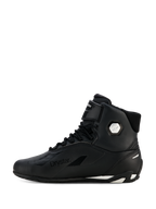 Buty motocyklowe damskie Alpinestars Stella Faster-4 Drystar®, czarno-srebrne, widok z profilu bocznego, wodoodporne buty z cholewką z mikrofibry, sznurowane zapięcie z paskiem na rzep, branding Drystar i srebrne logo na kostce