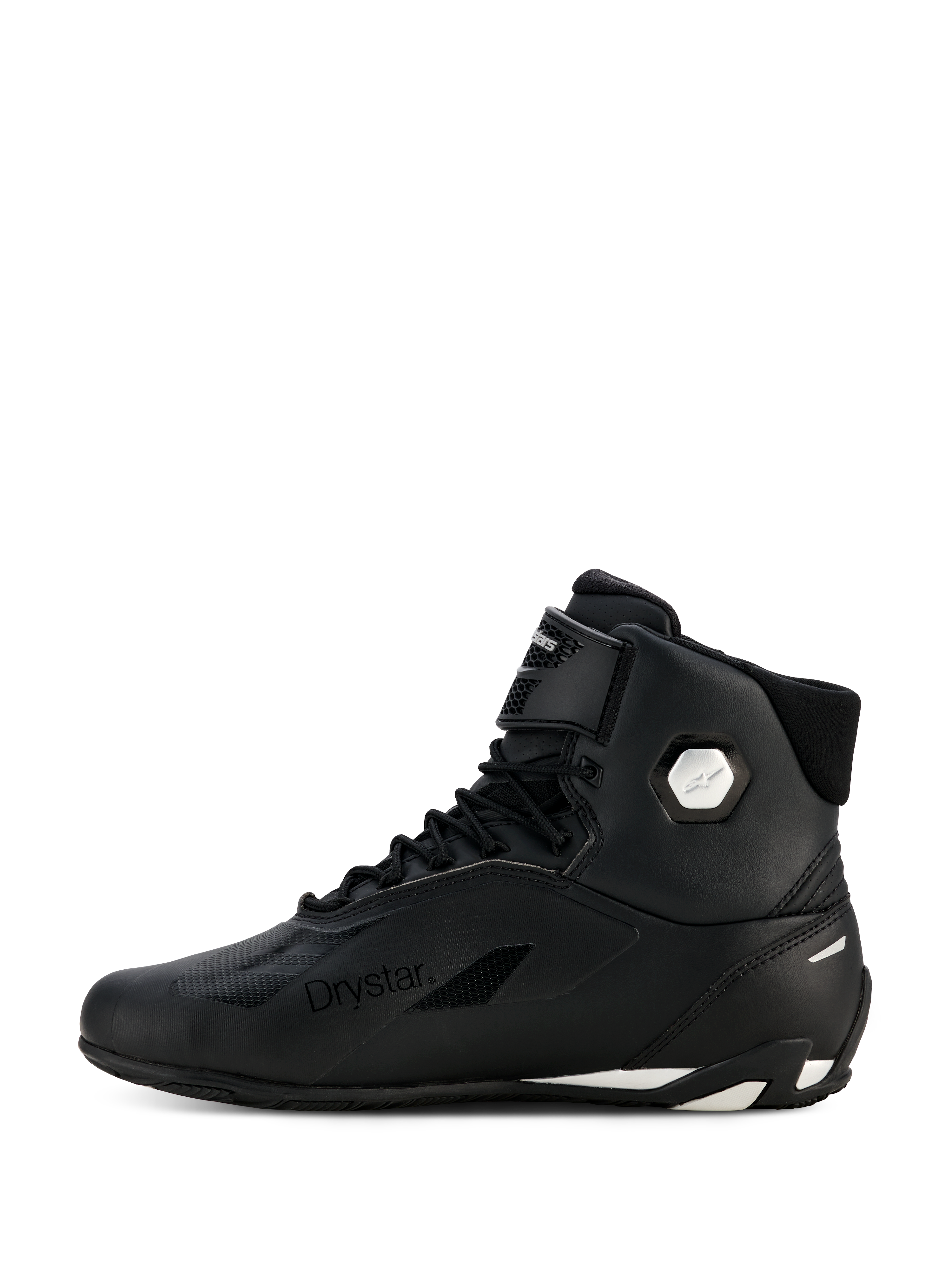 Buty motocyklowe damskie Alpinestars Stella Faster-4 Drystar®, czarno-srebrne, widok z profilu bocznego, wodoodporne buty z cholewką z mikrofibry, sznurowane zapięcie z paskiem na rzep, branding Drystar i srebrne logo na kostce