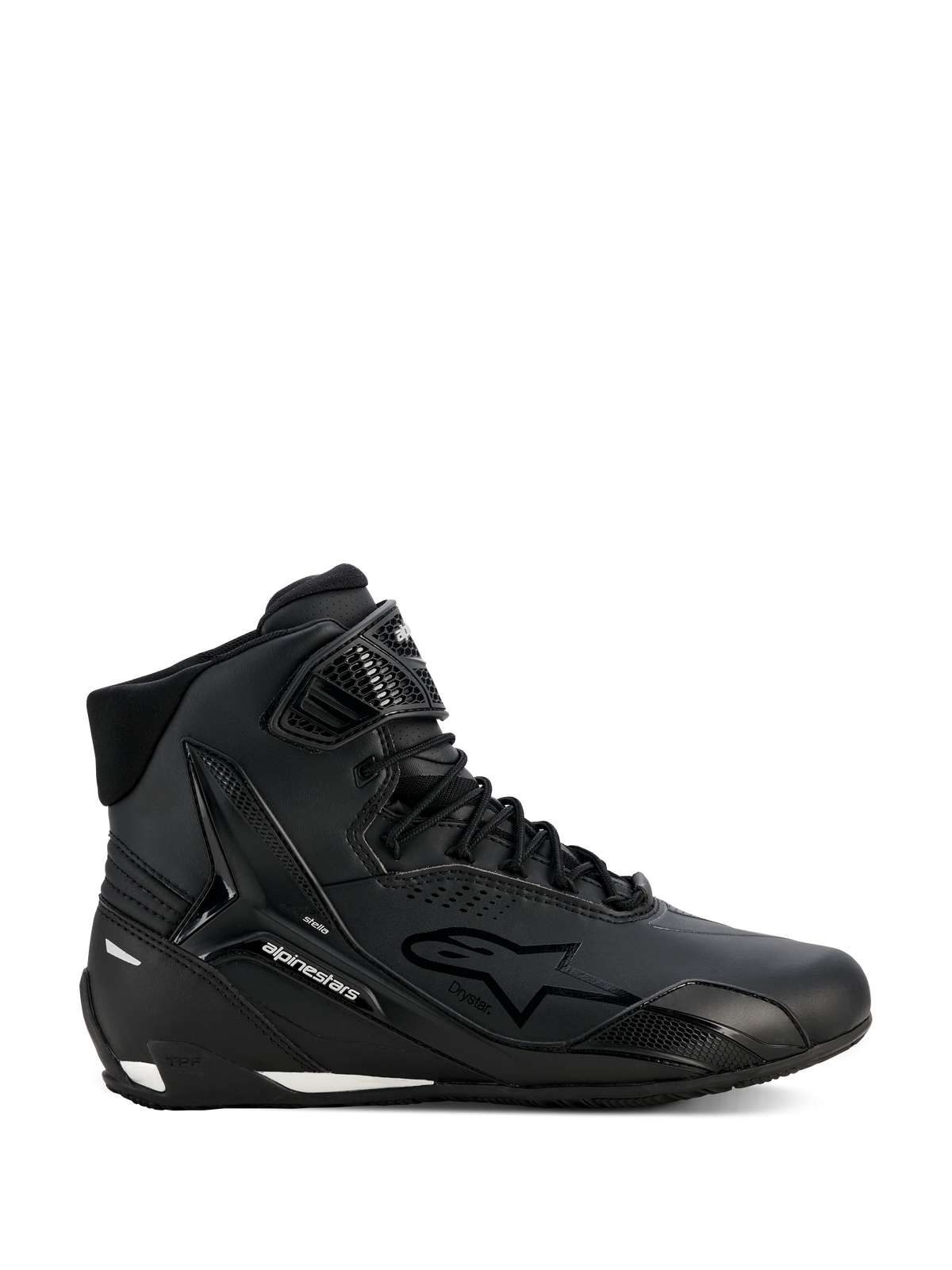 Alpinestars Stella Faster-4 Drystar, damskie buty motocyklowe, czarno-srebrne, wysoki fason, sznurowanie z paskiem na rzep przy kostce, bezszwowa cholewka z mikrofibry, technologia wodoodporna, białe akcenty na podeszwie i pięcie
