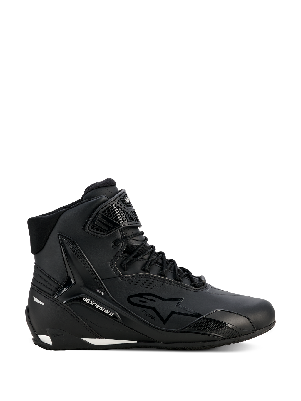 Alpinestars Stella Faster-4 Drystar, damskie buty motocyklowe, czarno-srebrne, wysoki fason, sznurowanie z paskiem na rzep przy kostce, bezszwowa cholewka z mikrofibry, technologia wodoodporna, białe akcenty na podeszwie i pięcie