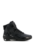 Alpinestars Stella Faster-4 Drystar, damskie buty motocyklowe, czarno-srebrne, wysoki fason, sznurowanie z paskiem na rzep przy kostce, bezszwowa cholewka z mikrofibry, technologia wodoodporna, białe akcenty na podeszwie i pięcie