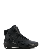 Alpinestars Stella Faster-4 Drystar, damskie buty motocyklowe, czarno-srebrne, wysoki fason, sznurowanie z paskiem na rzep przy kostce, bezszwowa cholewka z mikrofibry, technologia wodoodporna, białe akcenty na podeszwie i pięcie