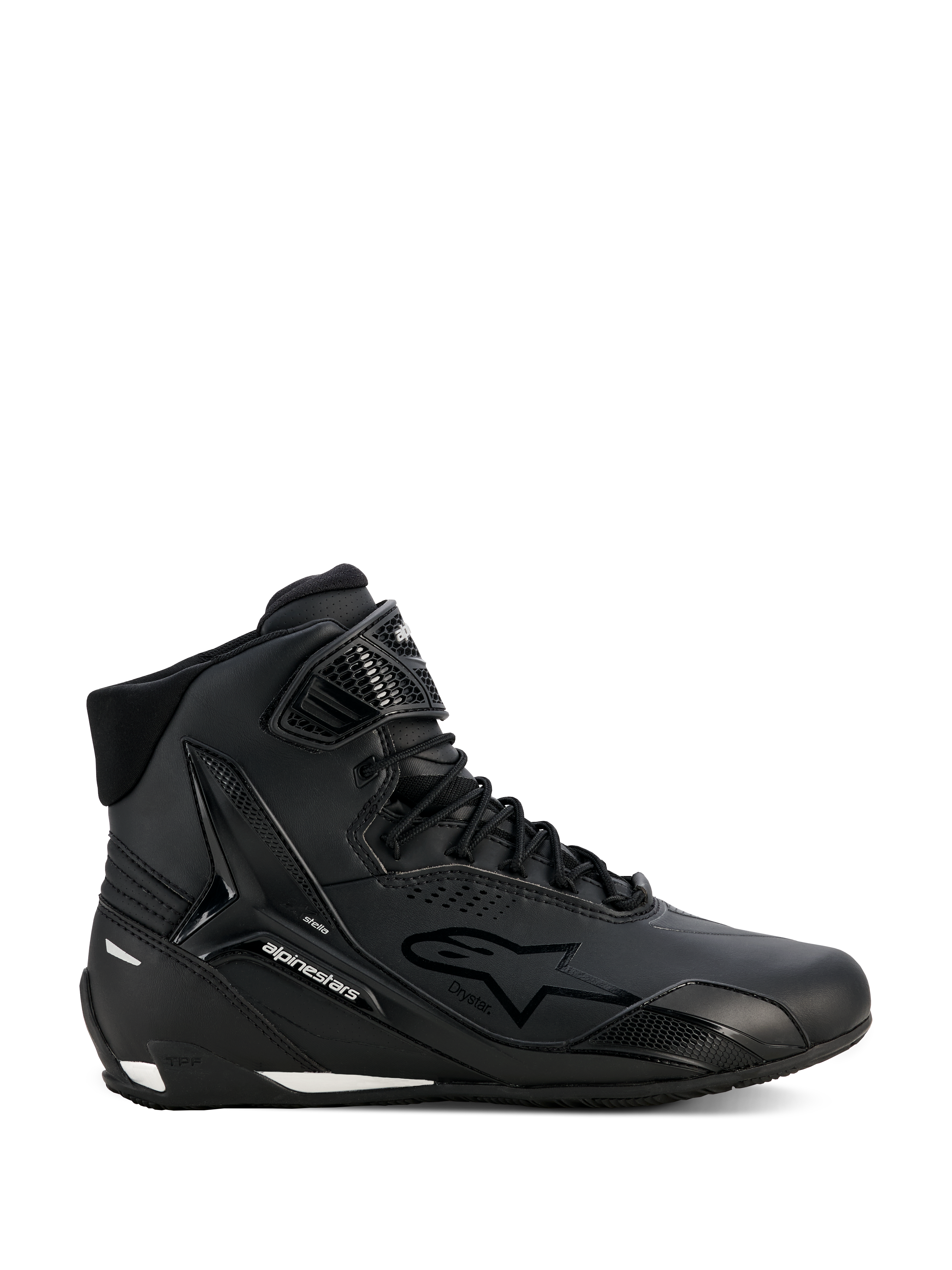 Alpinestars Stella Faster-4 Drystar, damskie buty motocyklowe, czarno-srebrne, wysoki fason, sznurowanie z paskiem na rzep przy kostce, bezszwowa cholewka z mikrofibry, technologia wodoodporna, białe akcenty na podeszwie i pięcie