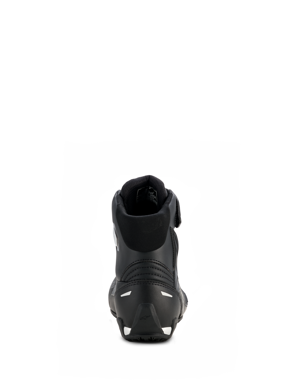 Damskie buty motocyklowe Alpinestars Stella Faster-4 Drystar®, czarno-srebrne, widok z tyłu przedstawiający wzmocnioną piętę ze srebrnymi akcentami, wyściełany kołnierz i wodoodporną konstrukcję z mikrofibry