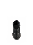 Damskie buty motocyklowe Alpinestars Stella Faster-4 Drystar®, czarno-srebrne, widok z tyłu przedstawiający wzmocnioną piętę ze srebrnymi akcentami, wyściełany kołnierz i wodoodporną konstrukcję z mikrofibry