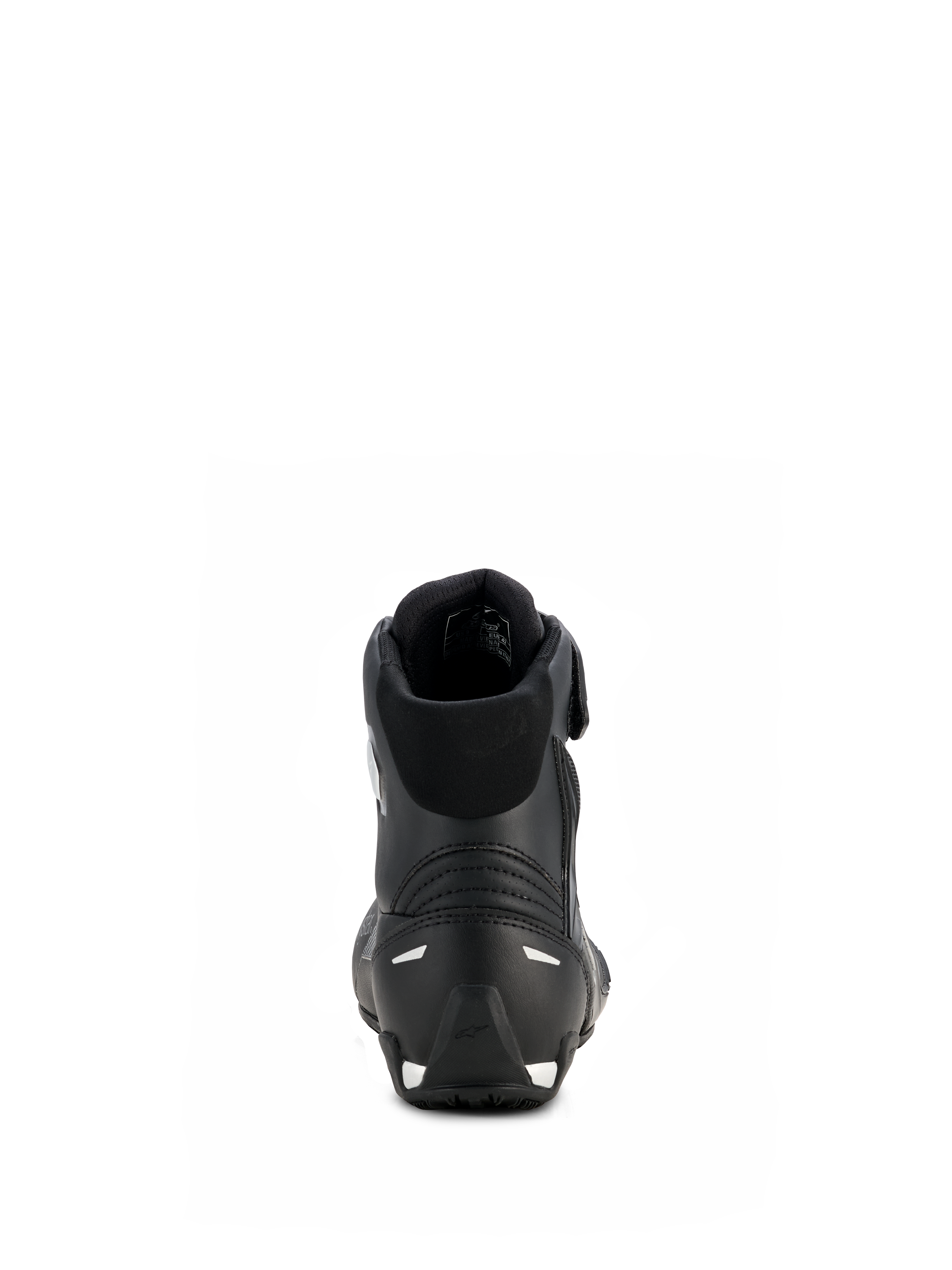 Damskie buty motocyklowe Alpinestars Stella Faster-4 Drystar®, czarno-srebrne, widok z tyłu przedstawiający wzmocnioną piętę ze srebrnymi akcentami, wyściełany kołnierz i wodoodporną konstrukcję z mikrofibry