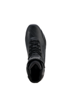 Alpinestars Stella Faster-4 Drystar® Shoes, damskie buty motocyklowe, czarno-srebrne, widok z góry ukazujący sznurowanie, pasek z rzepem na kostce oraz wodoodporną konstrukcję z mikrofibry