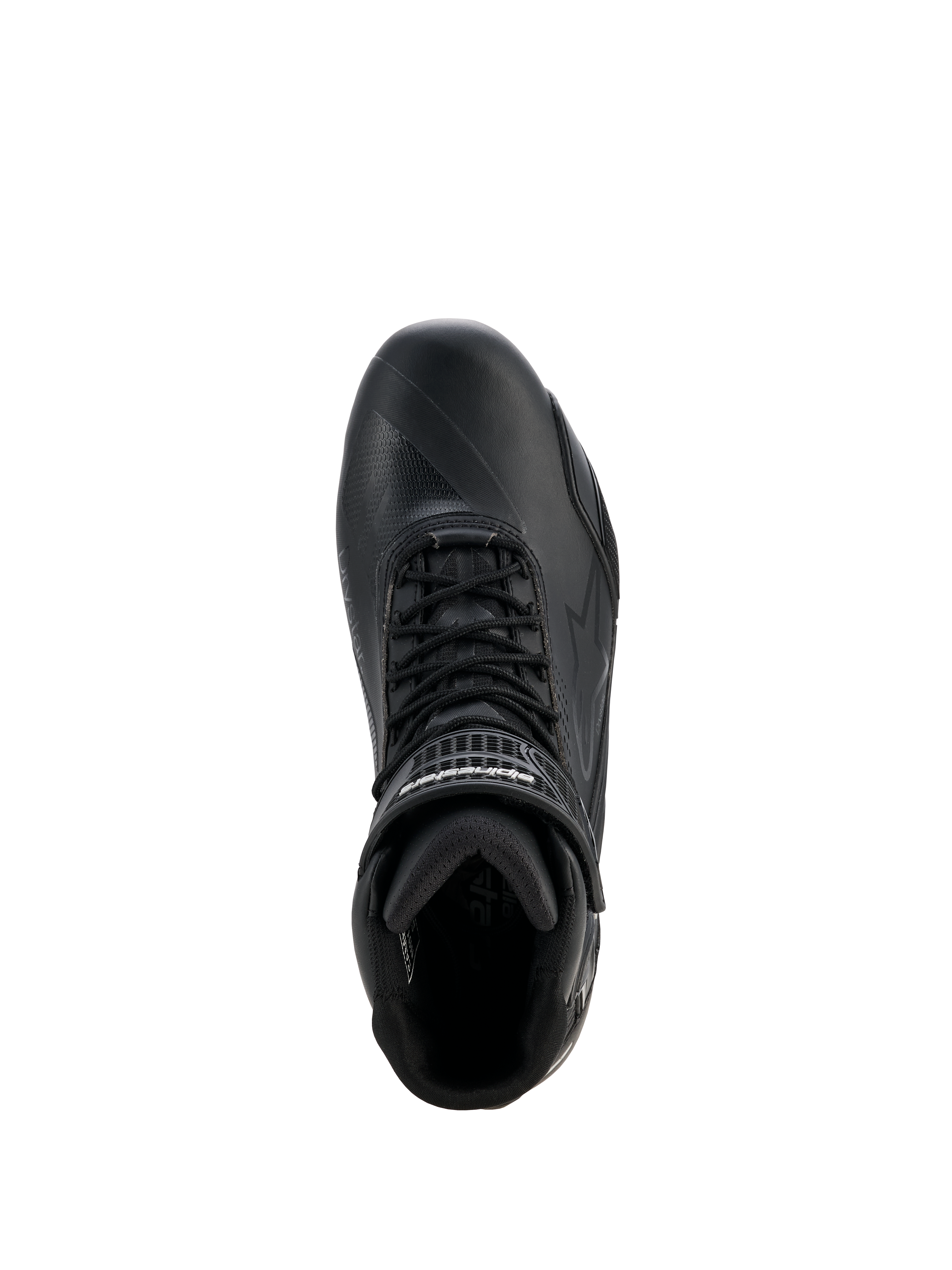 Alpinestars Stella Faster-4 Drystar® Shoes, damskie buty motocyklowe, czarno-srebrne, widok z góry ukazujący sznurowanie, pasek z rzepem na kostce oraz wodoodporną konstrukcję z mikrofibry