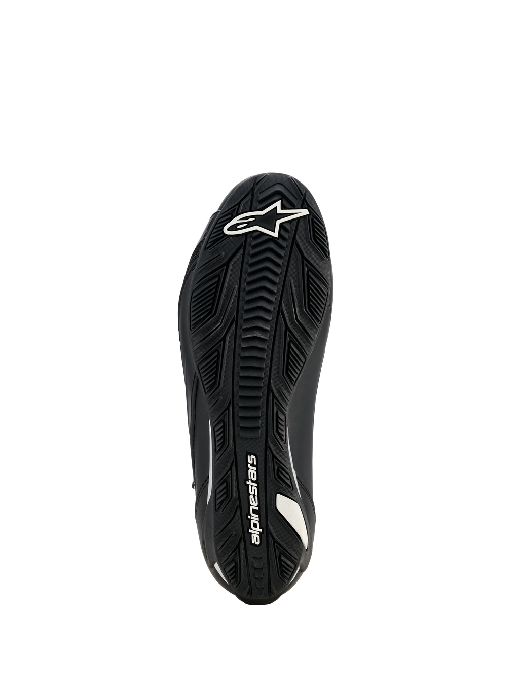 Buty damskie Alpinestars Stella Faster-4 Drystar, buty motocyklowe, czarne, widok podeszwy przedstawiający teksturowaną gumową podeszwę zewnętrzną z białym logo i brandingiem Alpinestars, zaprojektowane dla doskonałej przyczepności i trwałości.