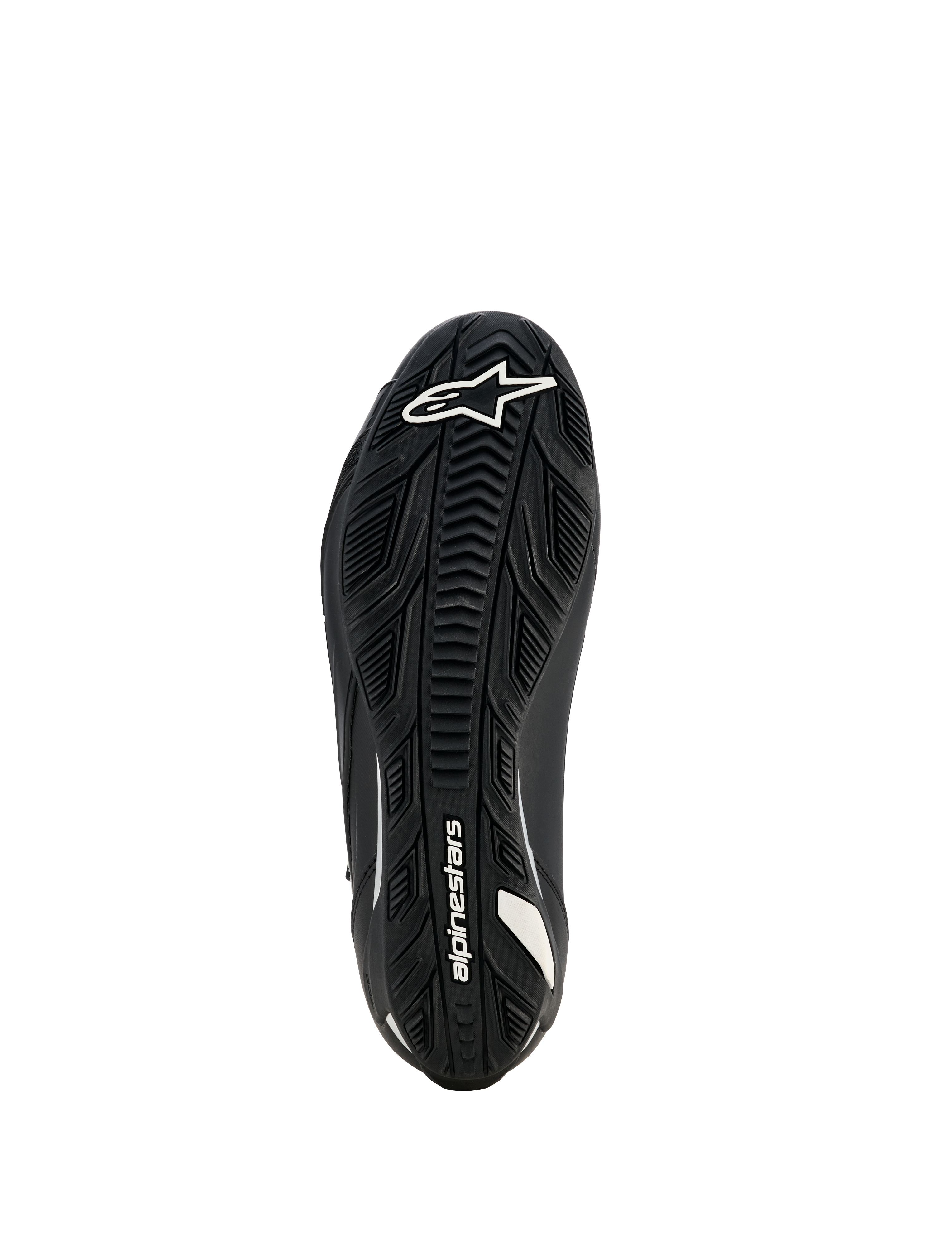 Buty damskie Alpinestars Stella Faster-4 Drystar, buty motocyklowe, czarne, widok podeszwy przedstawiający teksturowaną gumową podeszwę zewnętrzną z białym logo i brandingiem Alpinestars, zaprojektowane dla doskonałej przyczepności i trwałości.
