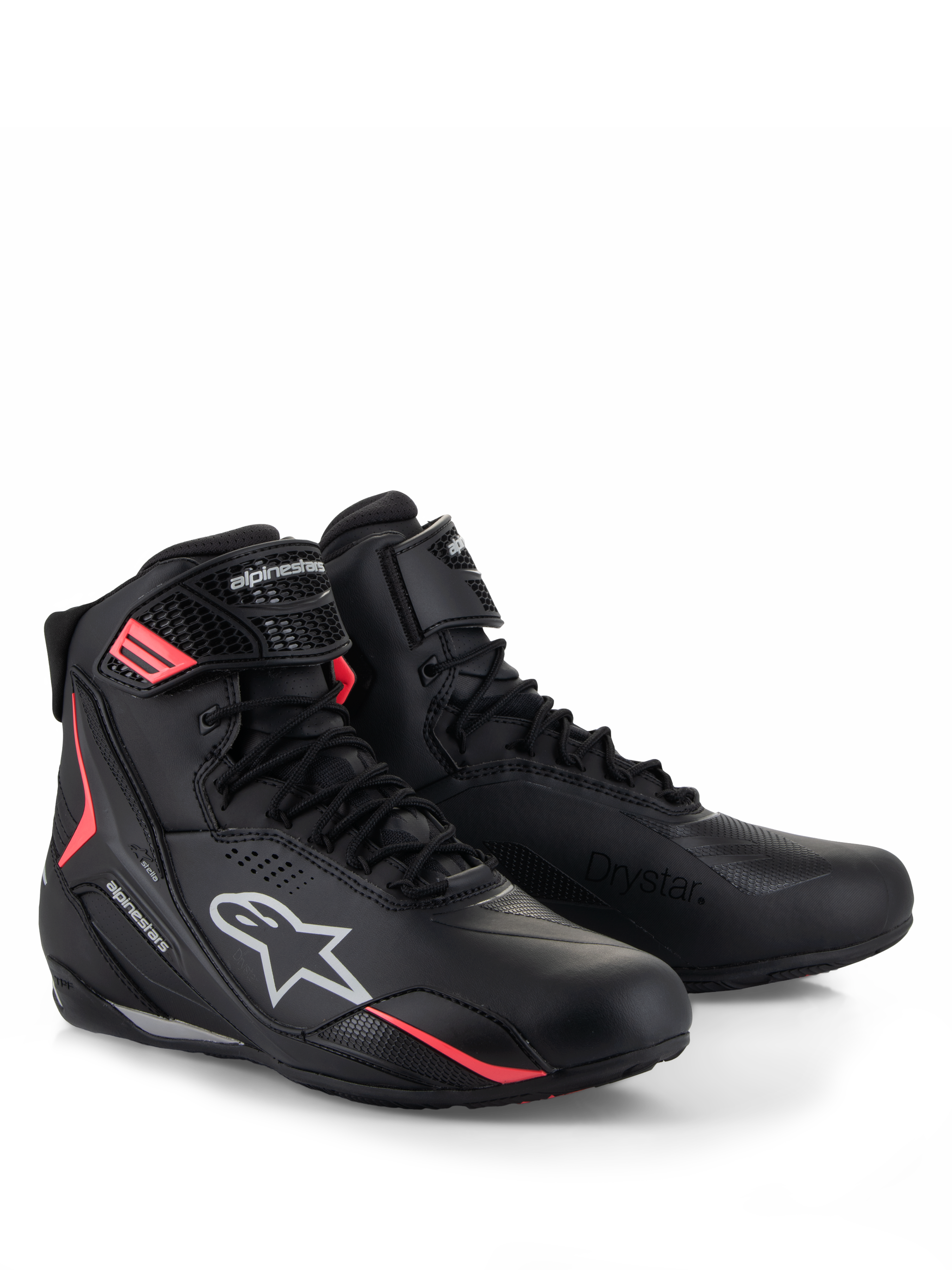 Buty Alpinestars Stella Faster-4 Drystar®, damskie buty motocyklowe, czarno-szare z neonowymi koralowymi akcentami, wodoodporna technologia Drystar®, sznurowane zapięcie z bezpiecznym paskiem na rzep, wyraziste koralowe akcenty i białe logo Alpinestars