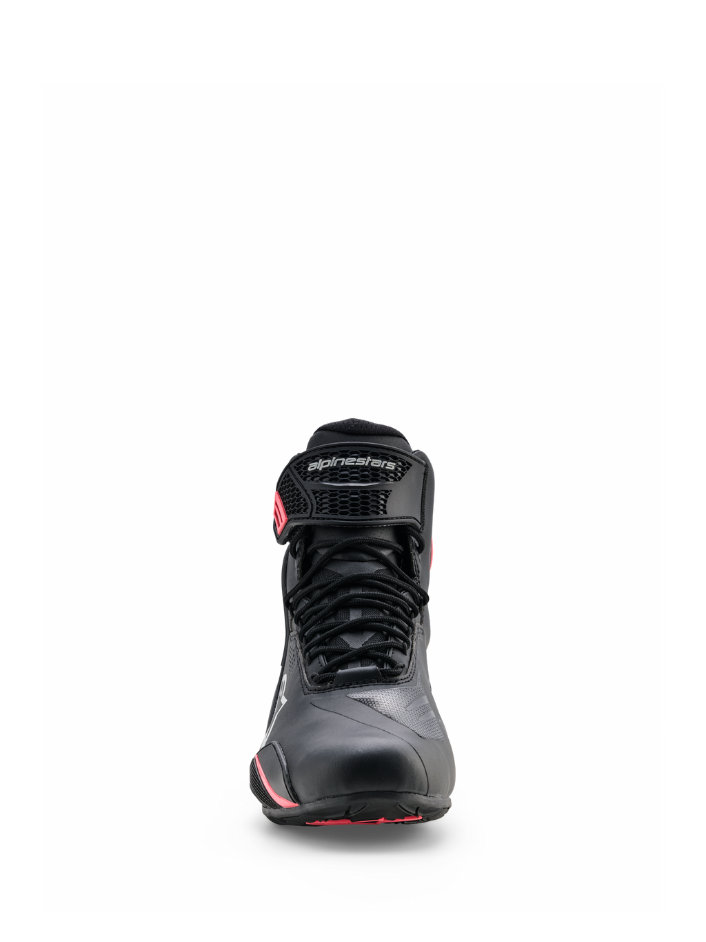 Buty Alpinestars Stella Faster-4 Drystar®, damskie buty motocyklowe, czarno-szare z koralowymi akcentami fluo, widok z przodu przedstawiający sznurowane zapięcie, ochronny pasek na kostkę z logo i koralowe detale