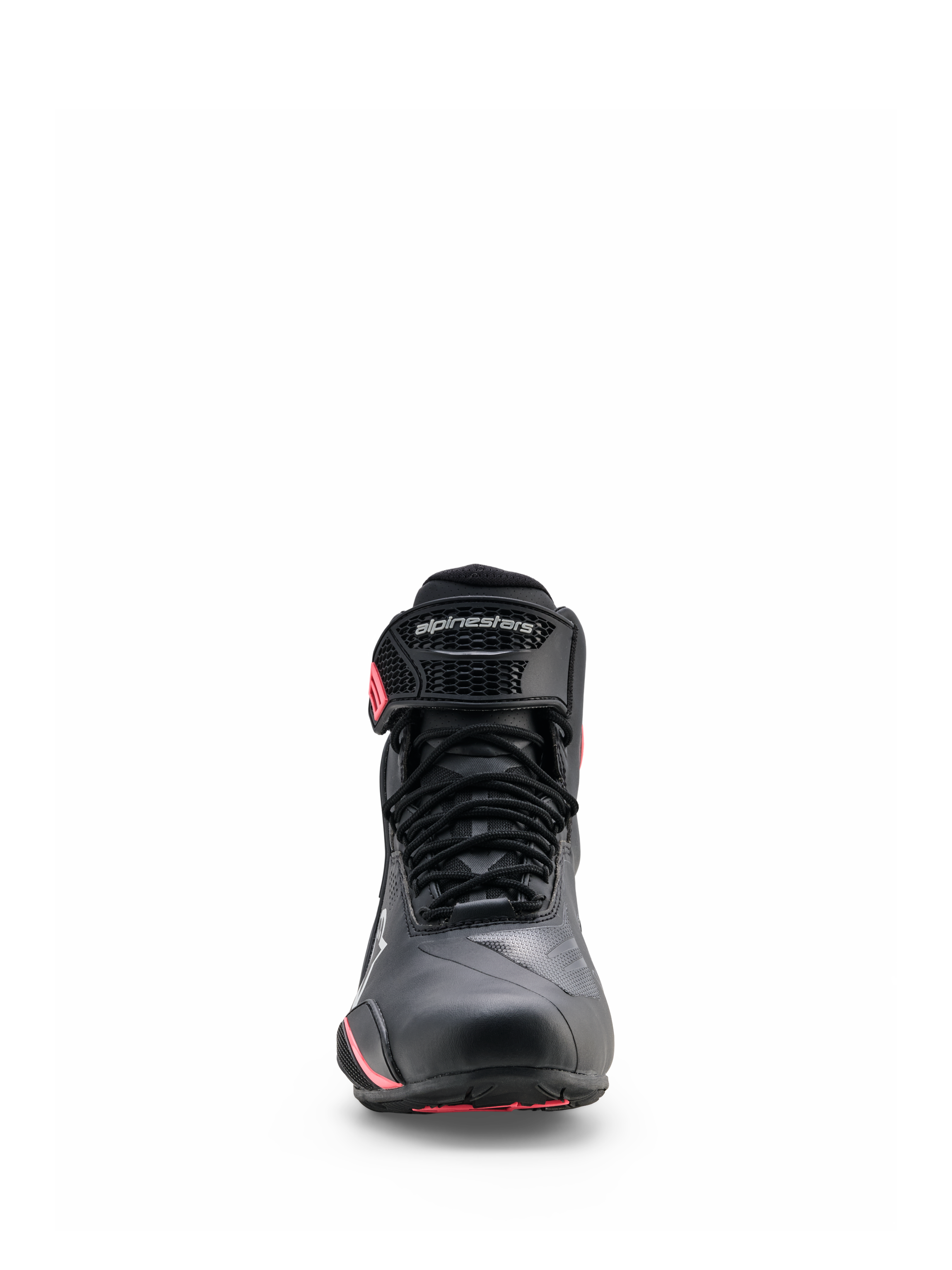 Buty Alpinestars Stella Faster-4 Drystar®, damskie buty motocyklowe, czarno-szare z koralowymi akcentami fluo, widok z przodu przedstawiający sznurowane zapięcie, ochronny pasek na kostkę z logo i koralowe detale