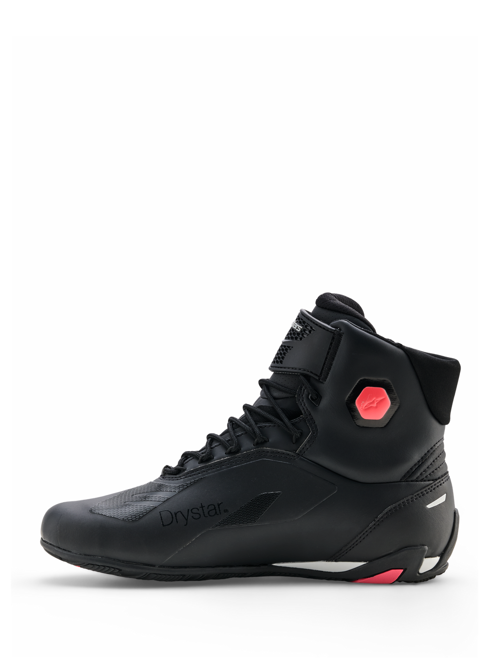 Buty Alpinestars Stella Faster-4 Drystar®, damskie buty motocyklowe, czarne i koralowe neonowe, widok z boku ukazujący bezszwową cholewkę z mikrofibry, sznurowane zapięcie oraz koralowy detal ochrony kostki