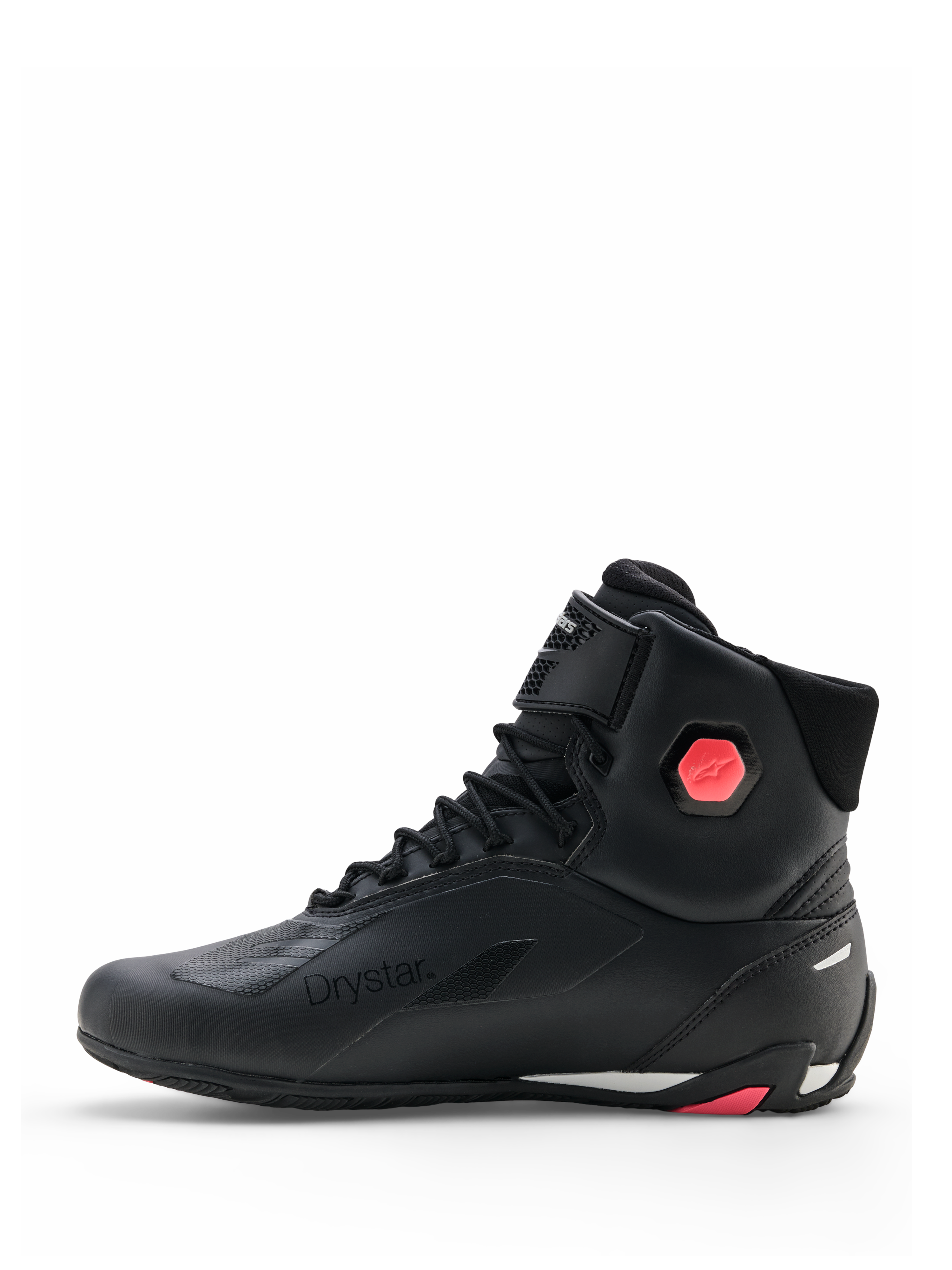 Buty Alpinestars Stella Faster-4 Drystar®, damskie buty motocyklowe, czarne i koralowe neonowe, widok z boku ukazujący bezszwową cholewkę z mikrofibry, sznurowane zapięcie oraz koralowy detal ochrony kostki