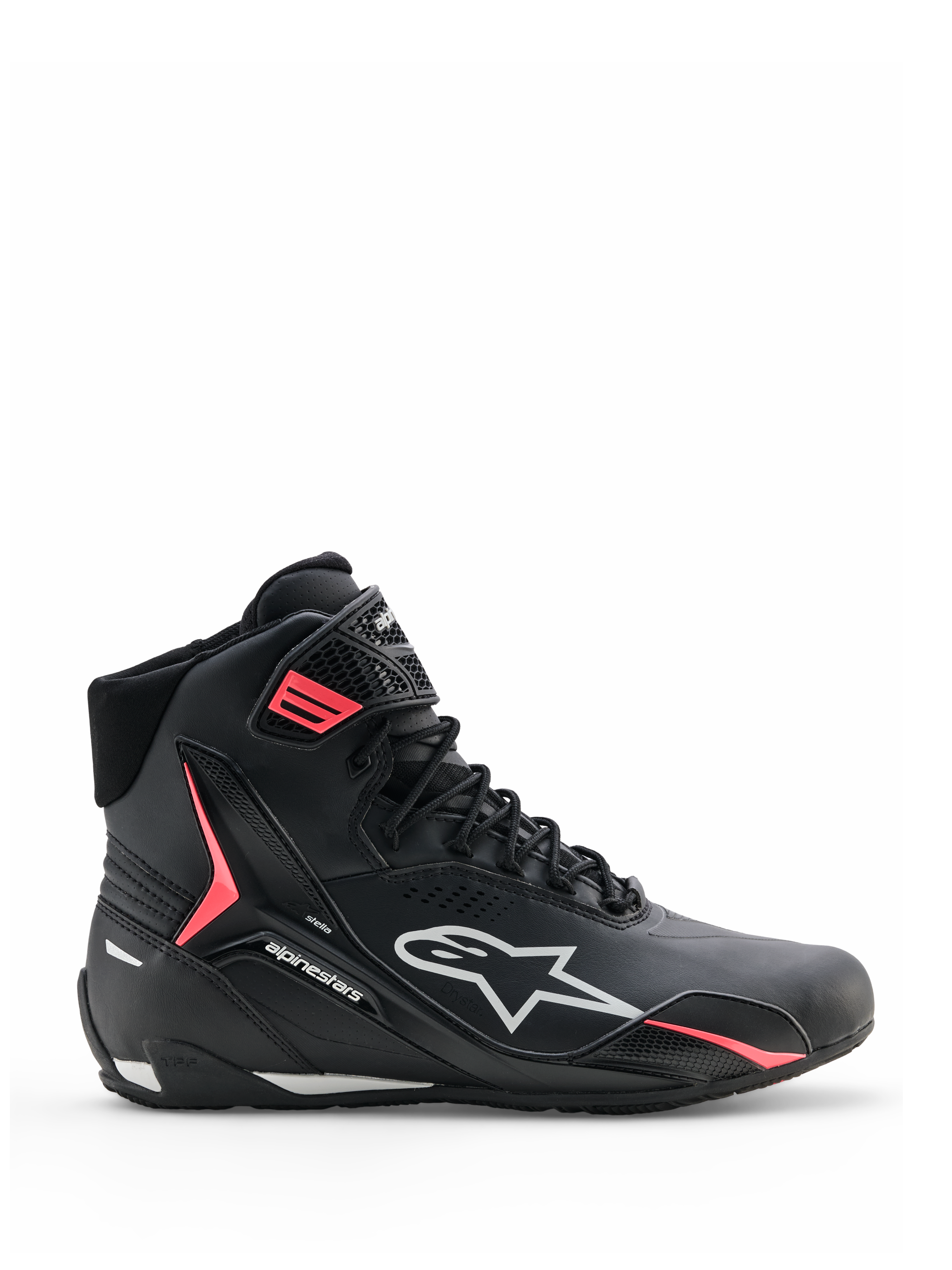 Buty Alpinestars Stella Faster-4 Drystar®, damskie buty motocyklowe, czarne z szarymi i koralowymi (Coral Fluo) akcentami, wysoka cholewka z bocznym logo i paskiem na rzep, wodoodporna mikrofibra do jazdy sportowej
