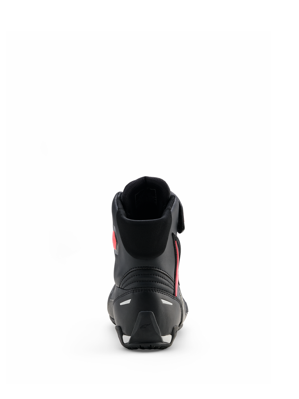 Buty damskie Alpinestars Stella Faster-4 Drystar®, Black Gray Coral Fluo, widok z tyłu ukazujący wsparcie pięty i odblaskowe akcenty, wodoodporne buty motocyklowe o sportowym designie dla kobiet